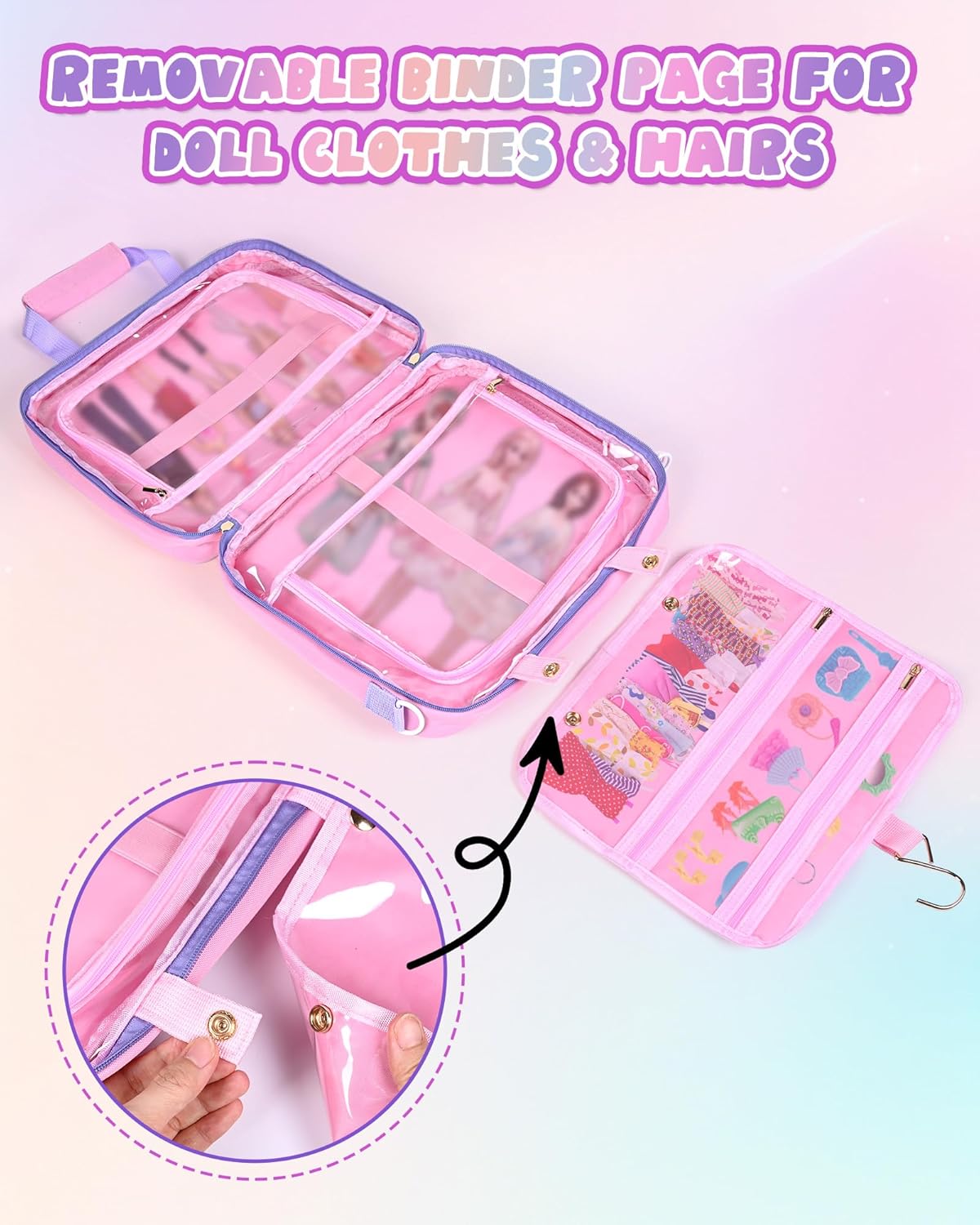 Doll Carrying Case Compatible with Barbie 10–12 Inch Dolls, Large Capacity Doll Storage Organizer Bag with Compartments for Mini Dolls, Clothes and Accessories, Pink (Bag Only)