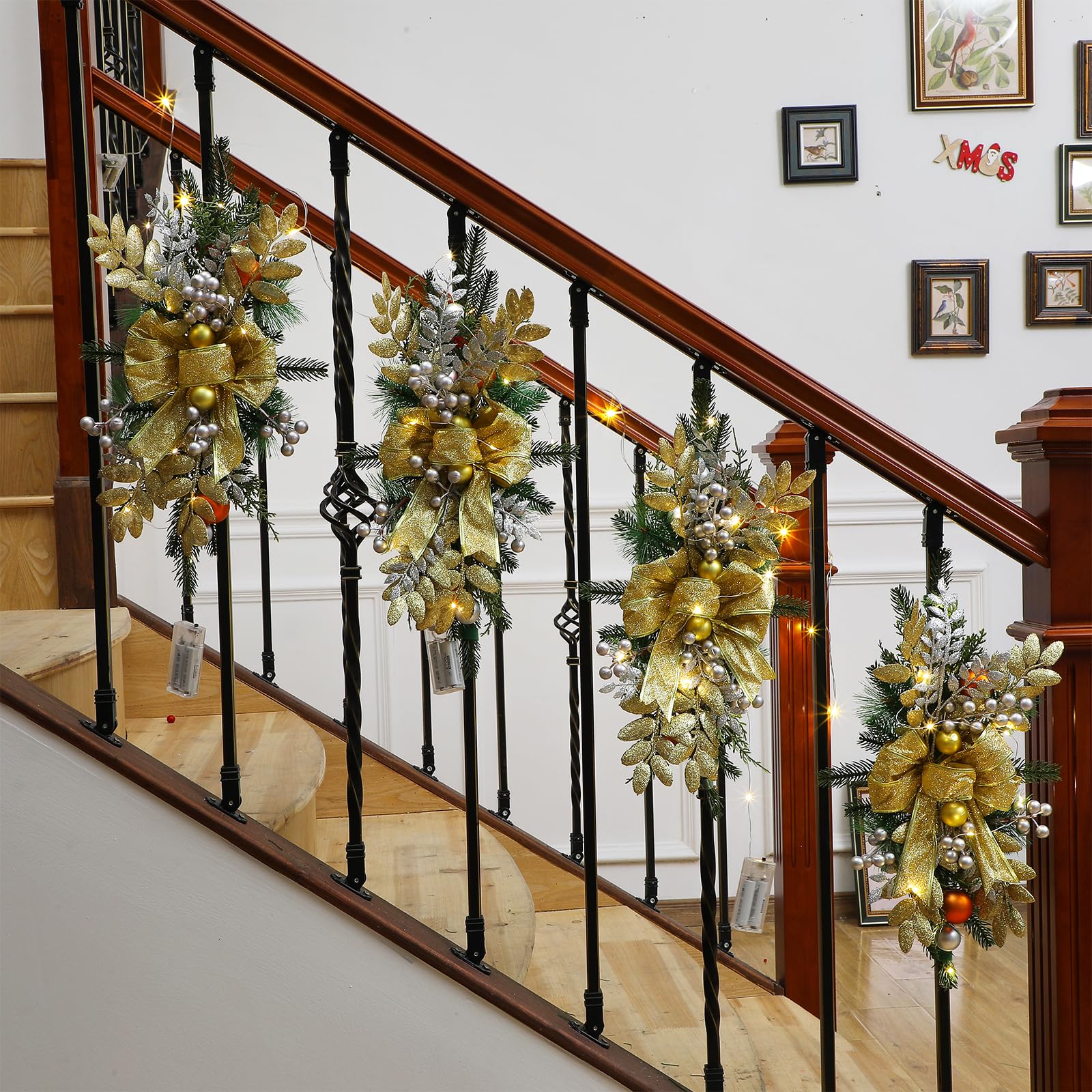 XunYee 6 Pcs Christmas Swags for Staircase 20 Inch Prelit Christmas