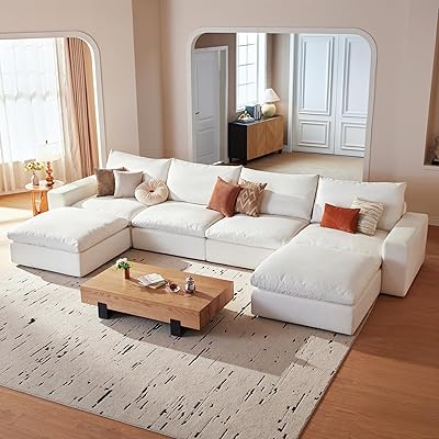 Cloud Couch Sectional 141.7'' Oversized Modular Deep Seat Sofa U Shaped Comfy White Cloud Couch with Washable Cover for Living Room 4 Seater with 2 Ottoman