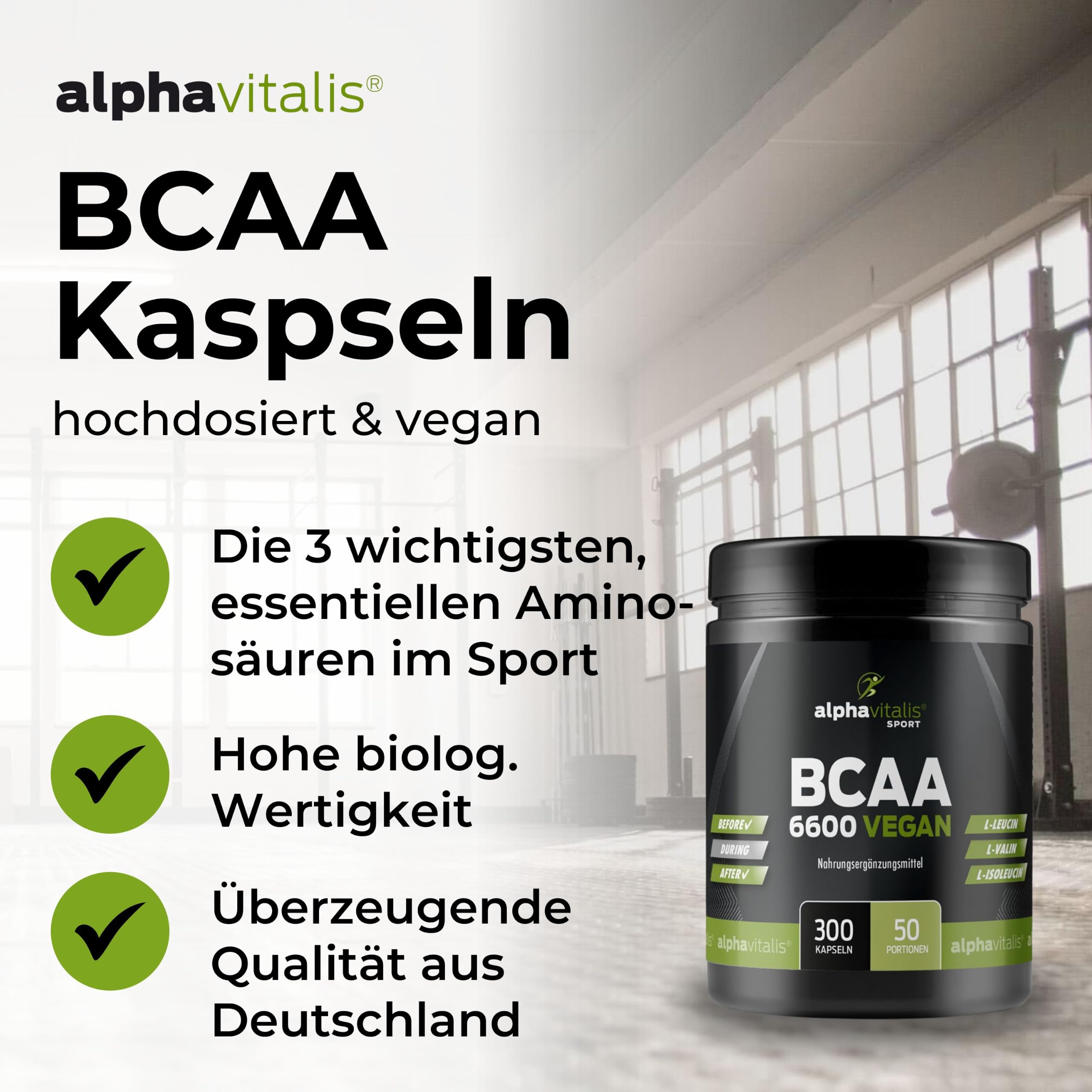 BCAA Kapseln optimal dosiert 300 Stk. - 1100 mg essentielle Aminosäuren + Vitamin B6 pro Stück - vegan, fermentiert und ohne Magnesiumstearat - L-Leucin, L-Valin, L-Isoleucin für Sportler