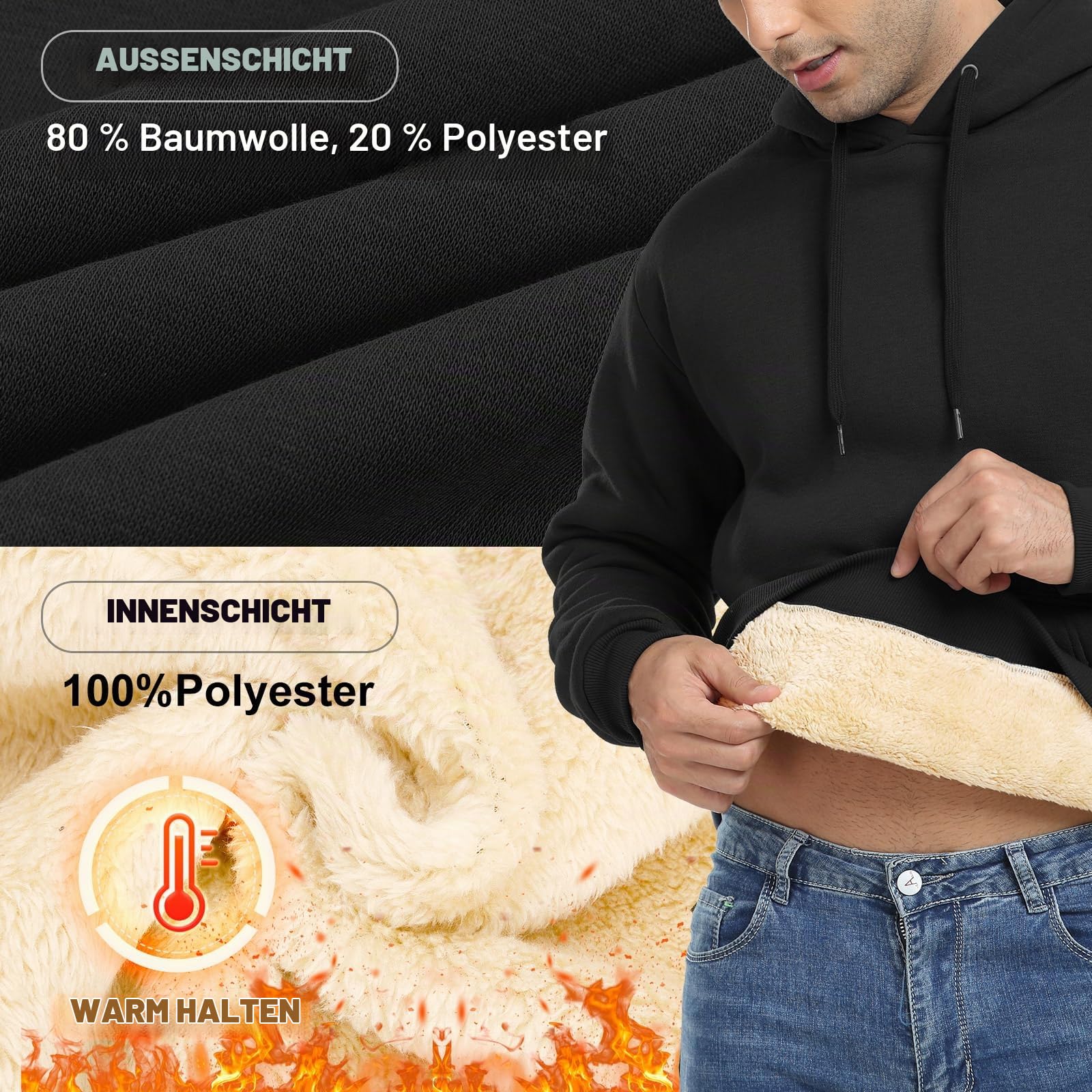 Nadeer Kapuzenpullover Herren Kapuzen Sweatshirt Sherpa Gefüttert Hoodie mit Känguru Tasche Winter Warme Pullover Thermo Fleecepullover