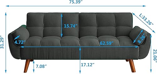 Miniatura 2 de 75.39 Sofá cama convertible tapizado reclinable futón cama con espalda dividida, patas cónicas de madera de caucho marrón, respaldo copetudo y