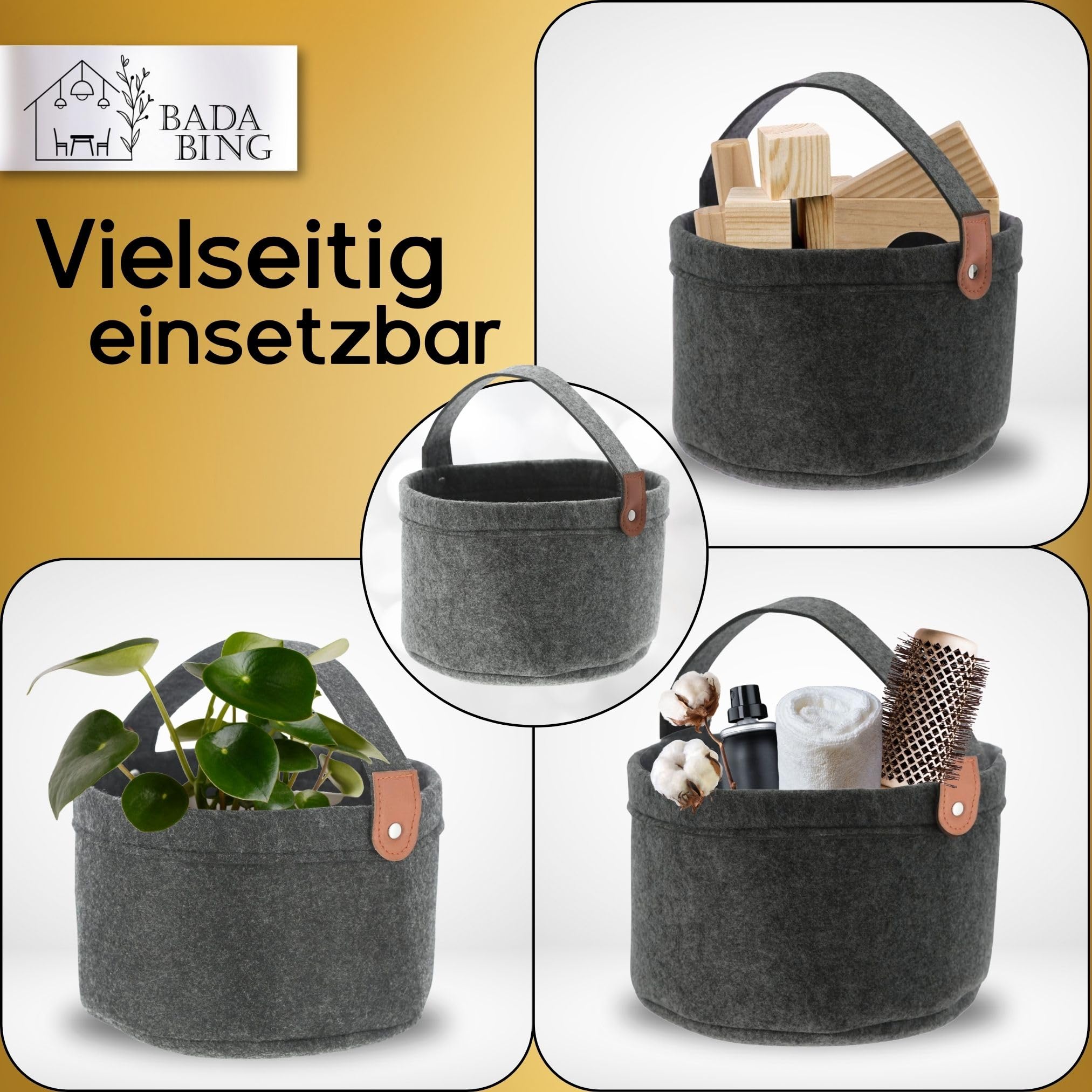 Bada Bing Set Di 2 Cestini Portaoggetti In Feltro Antracite Con Manici - Organizer Per Ufficio E Casa, 20x20x13 Cm