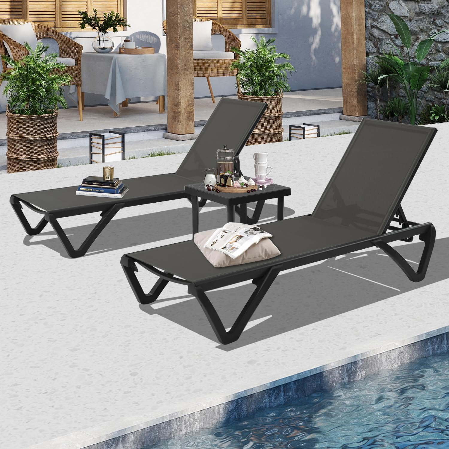 Domi Pool Lounge Chairs Set of 3, Aluminum Chaise Lounge Outdoor with Side Table, Patio Lounge Chair for Outside 5 Position Adjustable & Wheels, Pool Chairs for Poolside Garden