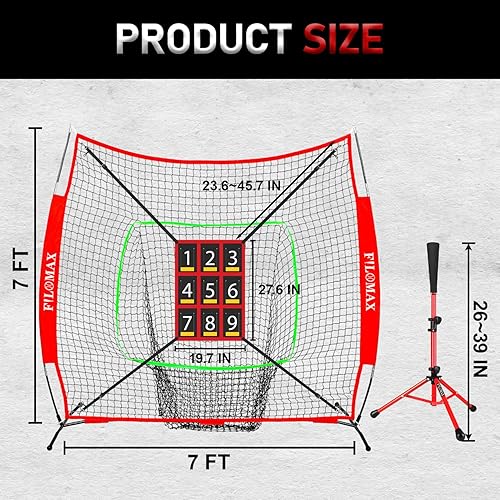 Miniatura 2 de Red de práctica de béisbol y softbol de 7 x 7 pies con zona de golpe numerada y camiseta de bateo, red de entrenamiento de lanzamiento portátil