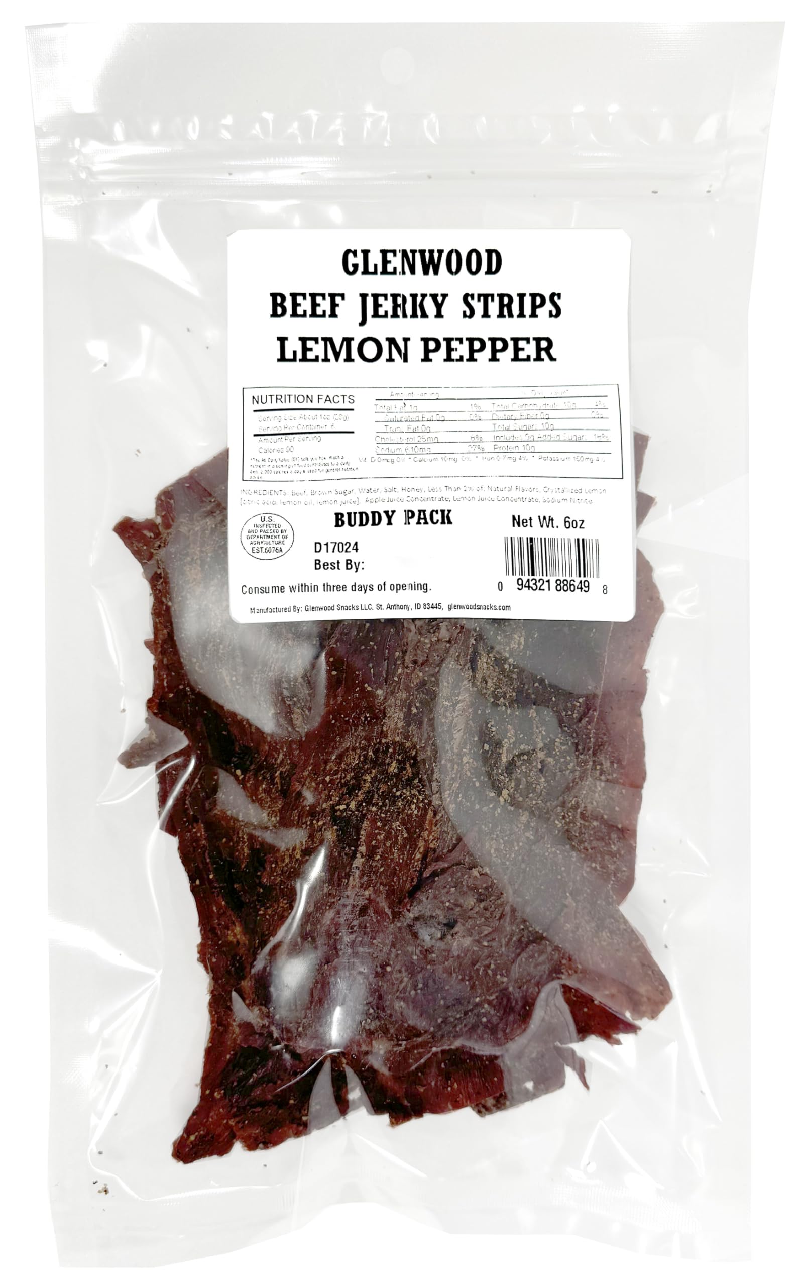 Glenwood Beef Jerky Tender Beef Jerky Buddy Pack Beef Jerky Strips 6 Ounce (6 Ounce, Lemon Pepper)