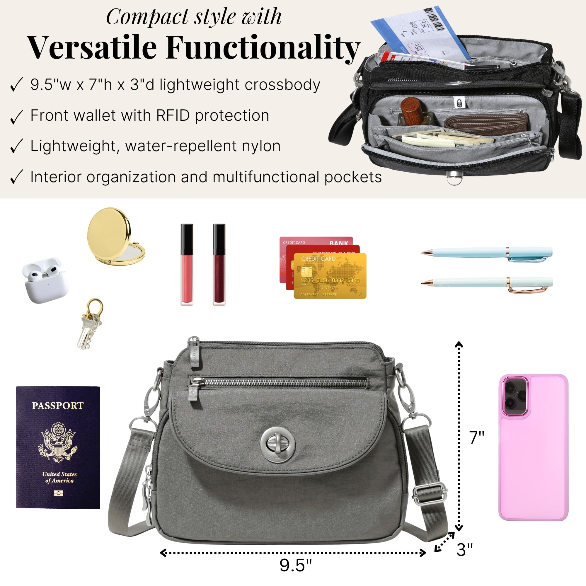 Baggallini Calais Crossbody Bags For Women 10x7 Lightweight Water-Resistant Travel Purse, RFID Protection & Interior Organization, Bolso Cruzado Mujer, Talla única