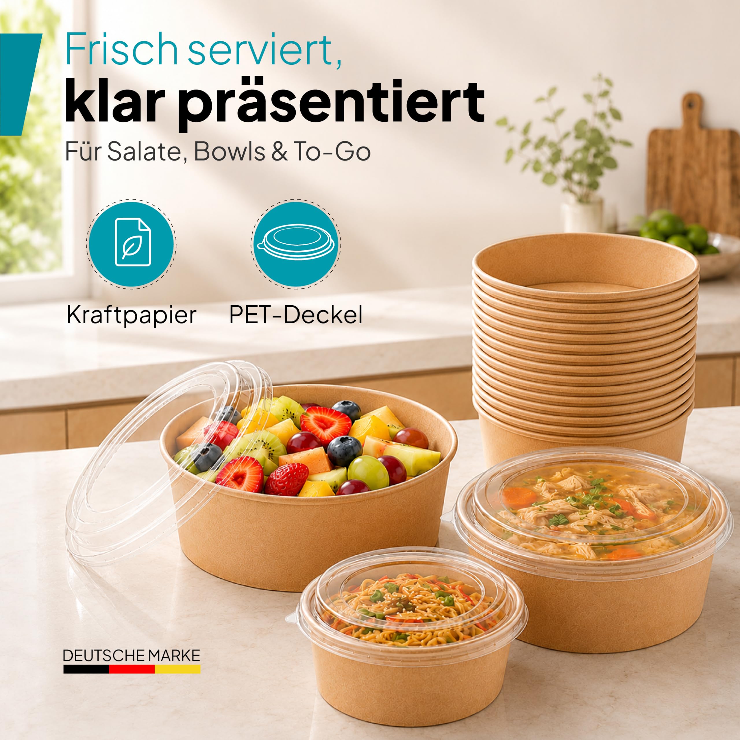 Commerline Salatschale 1300 ml, 150 Stück, Salad Bowl mit Deckel, Braun