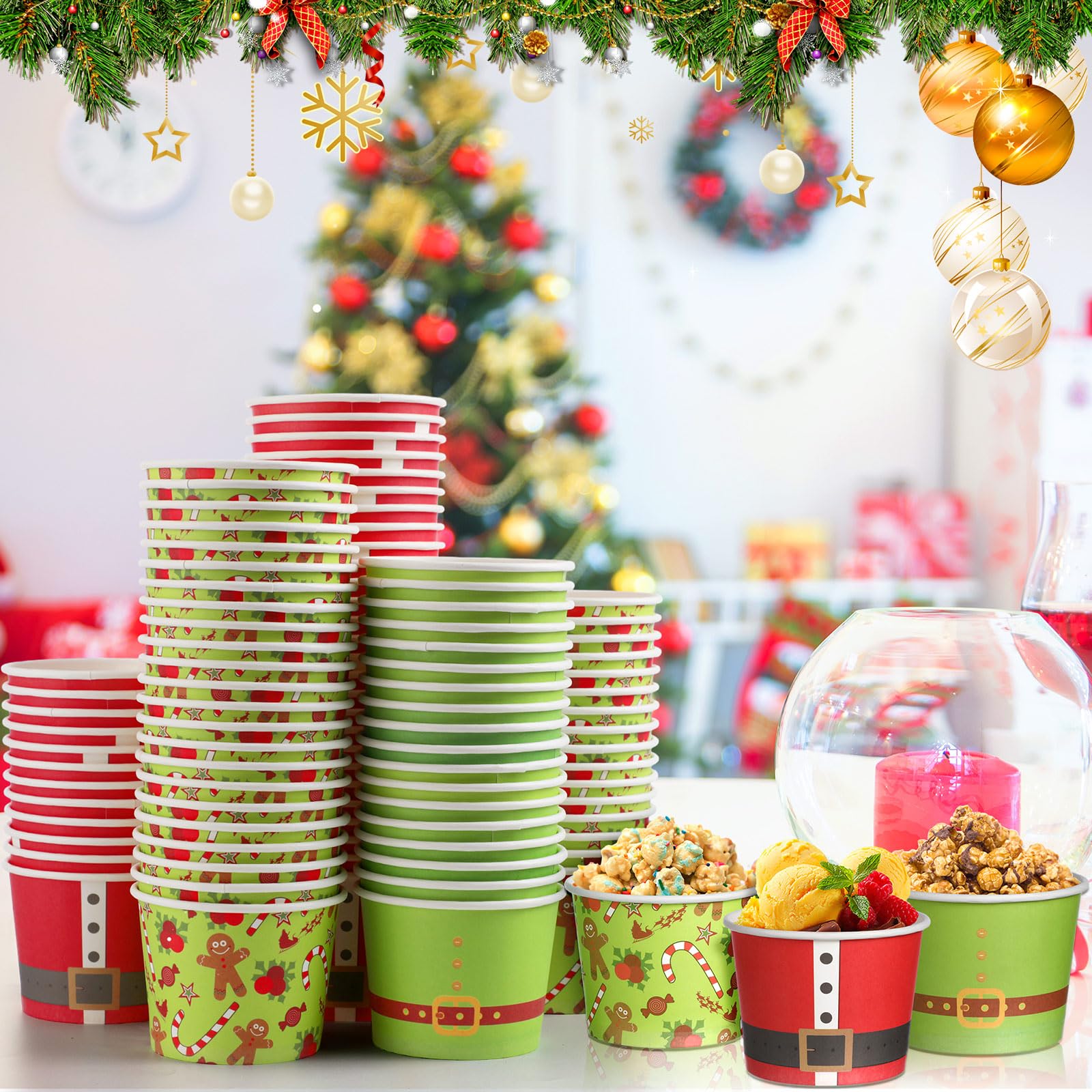 Nuenen 120 tazas de helado de Navidad de 5 onzas sin tapas, cuencos desechables de postre, cuencos de fiesta de helado, tazas de postre de yogur para Navidad, suministros de bar, helado, fiesta,