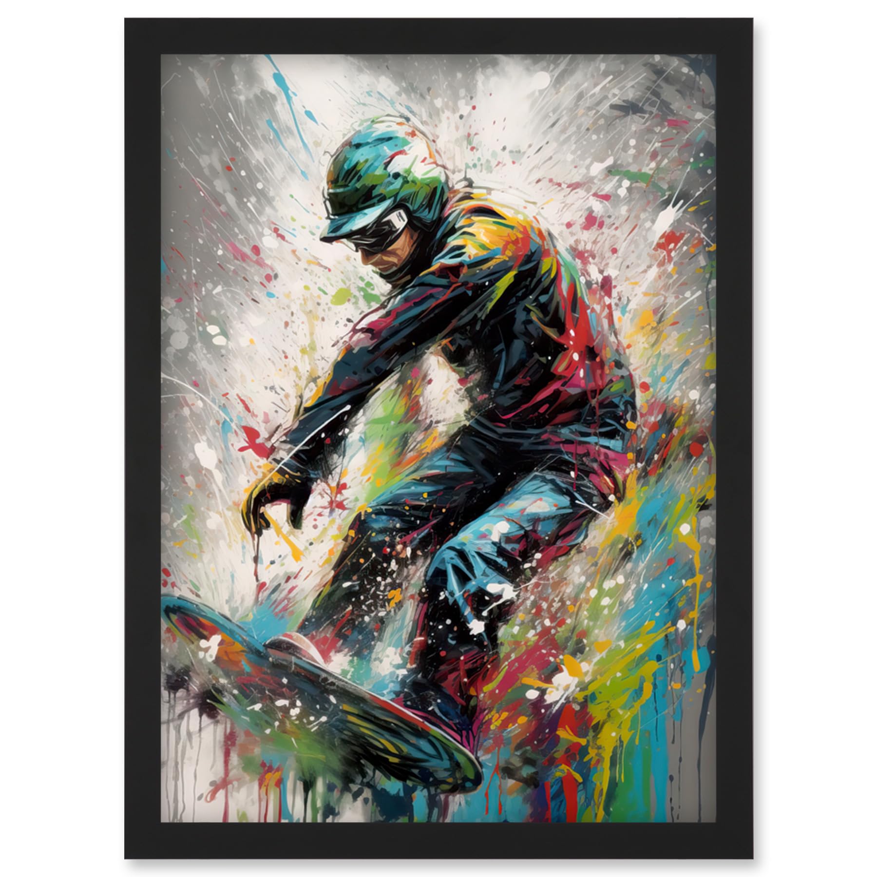 Snowboarding Extreme Sport Athlete Paint Splat Artwork - Framed Wall Art Print - A4 Size