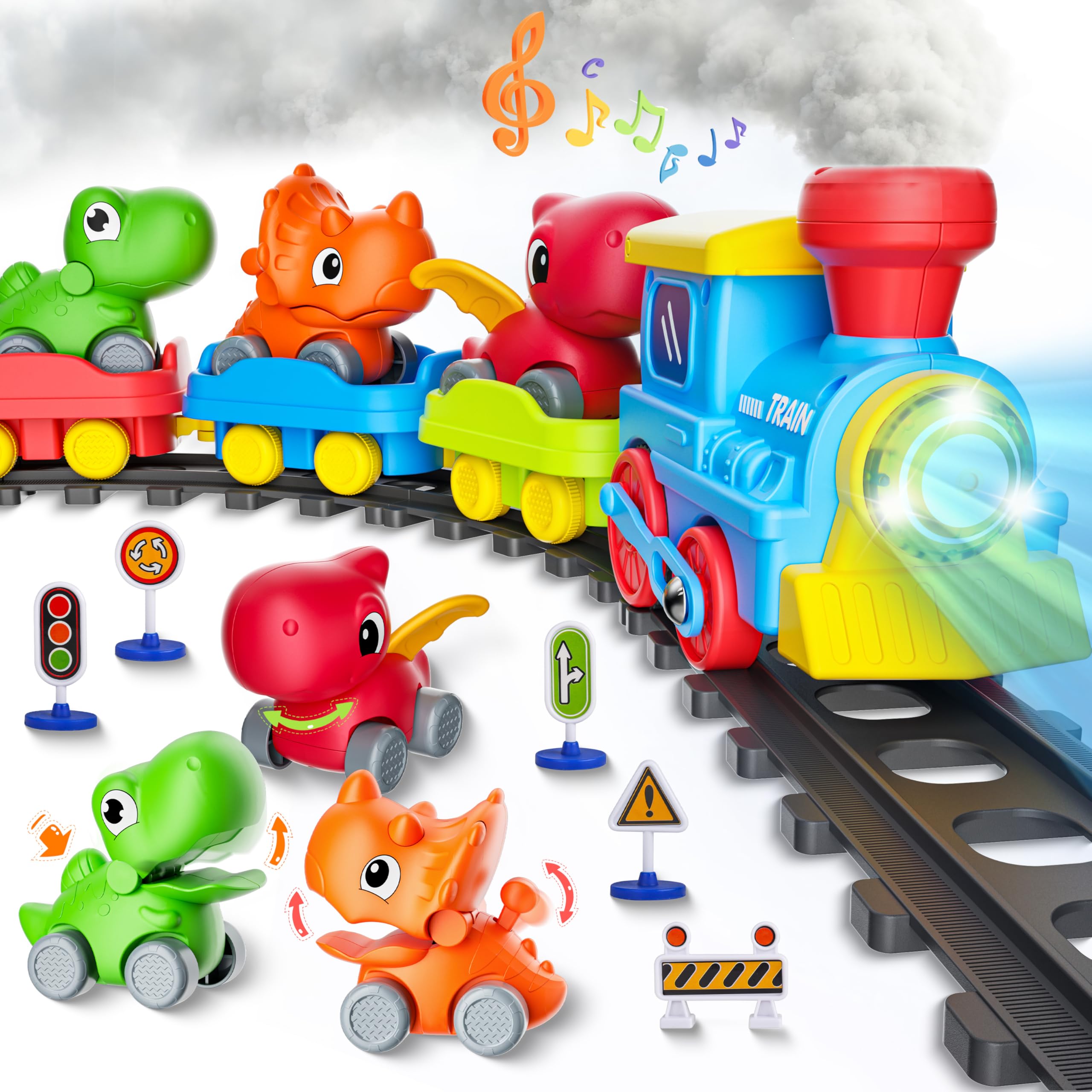 Train Set for Toddlers with Steam, Music, Lights and 3 Dinosaur Cars