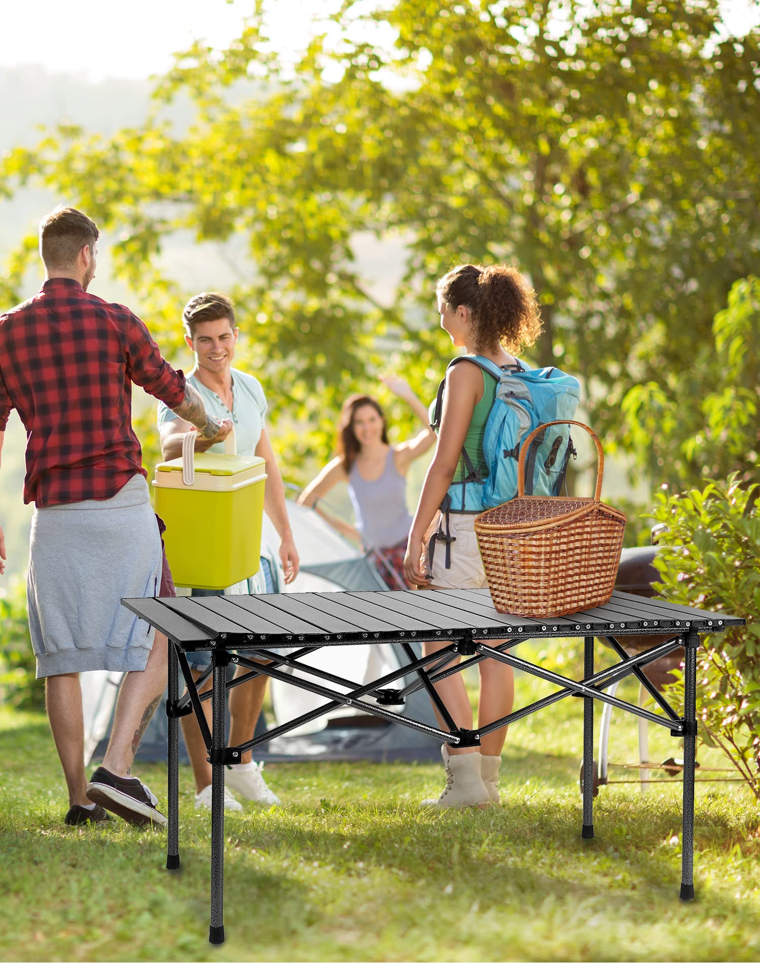 QWORK® Tavolo Pieghevole, Tavoli da campeggio pieghevoli, 95 * 55 * 50cm, Nero, Per barbecue, Viaggi, Pesca, Picnic
