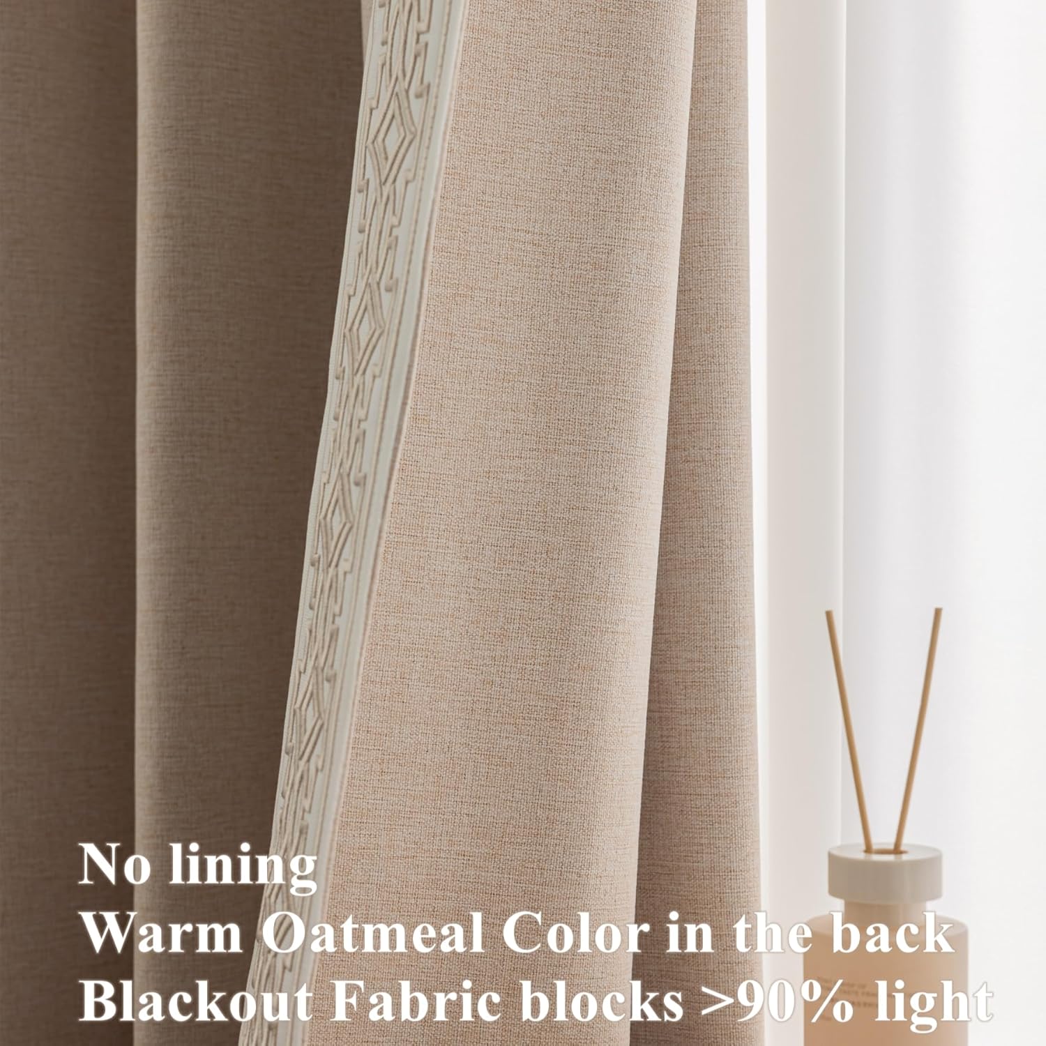 VisionaryHomeDesign Soft Beige Linen Blend Curtains with Embroidery Trim - Blackout, Pinch Pleat, Memory Trained, 2 Panels (50" W x 96" L)