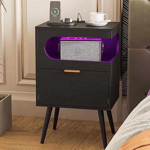 Miniatura 15 de Mesita de noche, moderna mesita de noche con cajón de almacenamiento y estante de madera abierta, mesita de noche decorativa con patas de madera