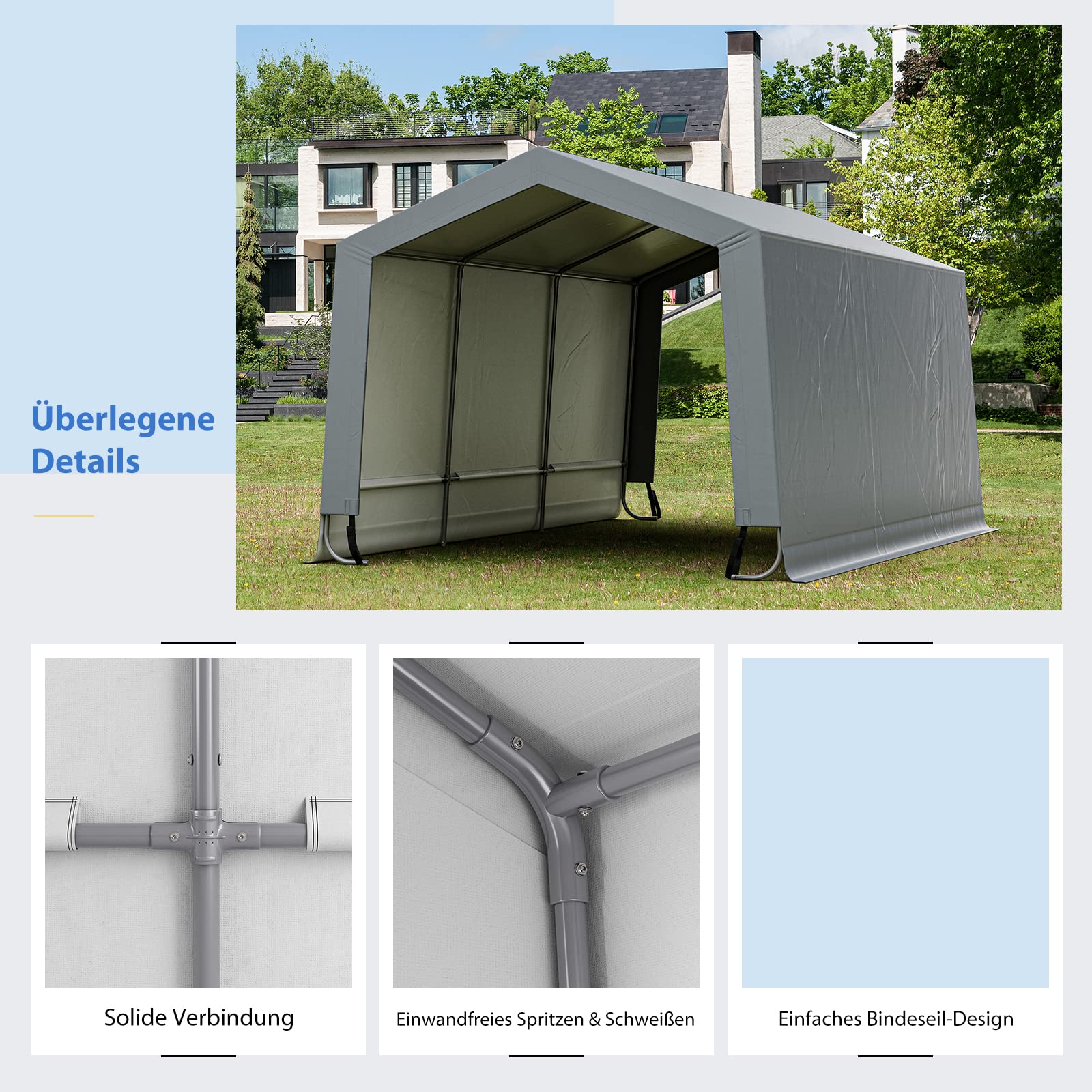 COSTWAY NP10685GR+ Namiot garażowy, wiata, wymiary: 490 x 290 x 245 cm, garaż namiotowy z drzwiami, namiot pastwiskowy, namiot magazynowy, garaż, schronienie samochodu do SUV-ów, łodzi, ładunku, wydarzeń na świeżym powietrzu, szary