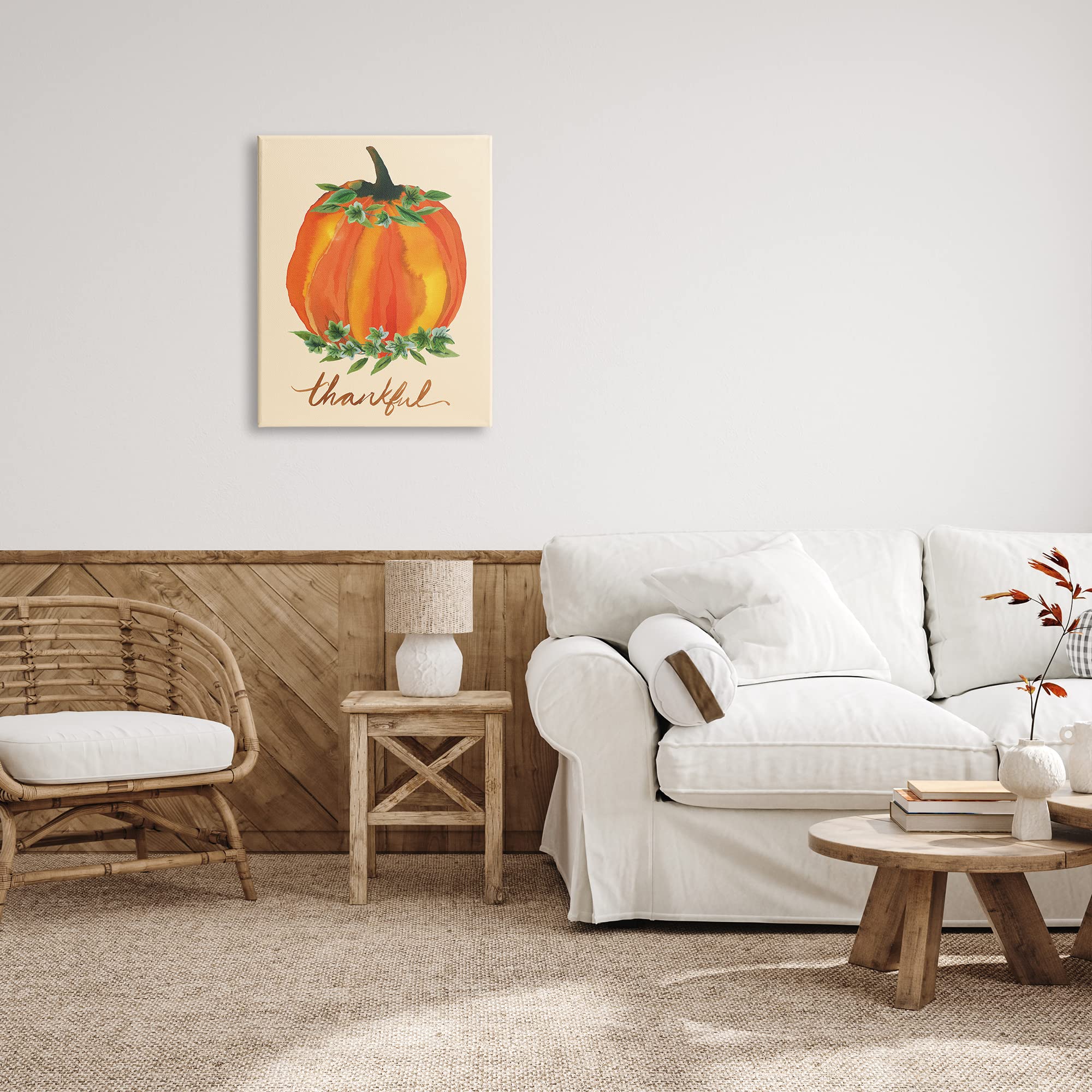 Stupell Industries Thankful Orange Pumpkin Leaf Botanicals Autumn Plants, Design by Heather McLaughlin