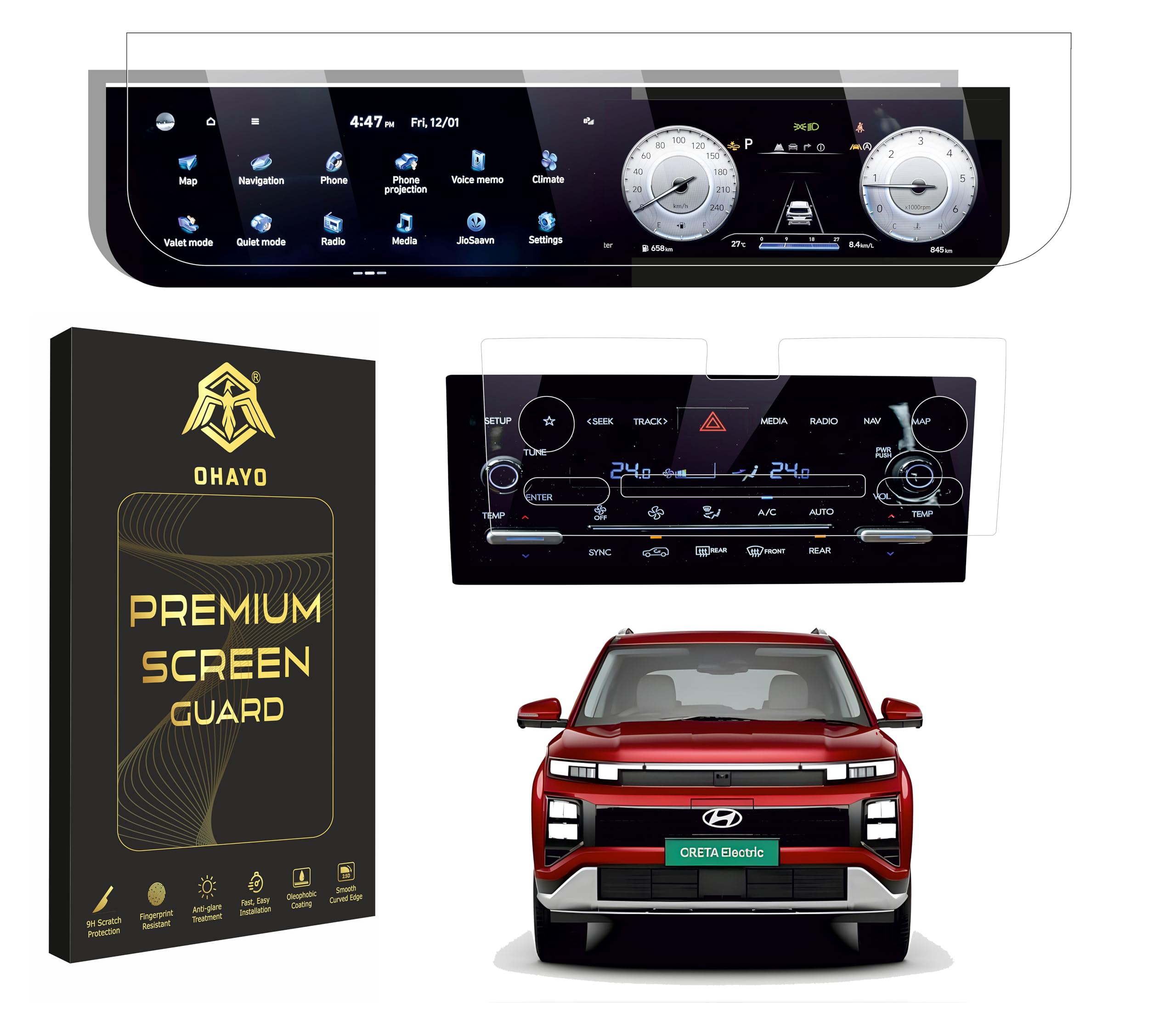 OHAYO 2 Pack 9H Hard Car Display Screen Protector for Hyundai Creta Electric 2025+ (Executive, Smart, Premium, Smart(O), Excellence) | 10.25 Inch Dual Touchscreen & AC Cluster Guard | Military Strength, Scratch Resistant | Not Tempered Glass-image-48