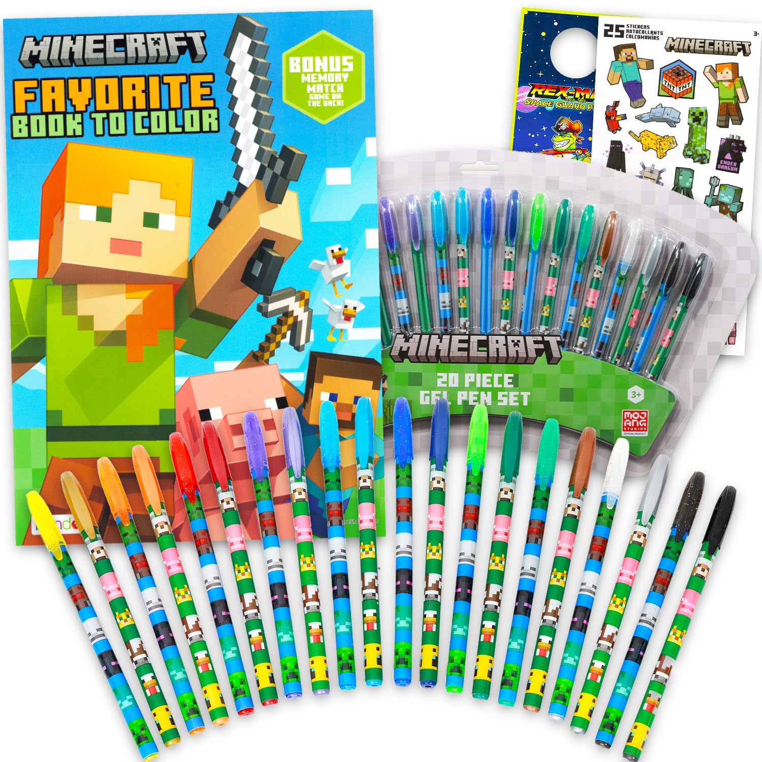 Minecraft Gel Pens Set - Bundle with 20 Colorful Gel Pens, Plus Coloring Book, Stickers, More | Minecraft Activity Set for Kids Ages 4-8