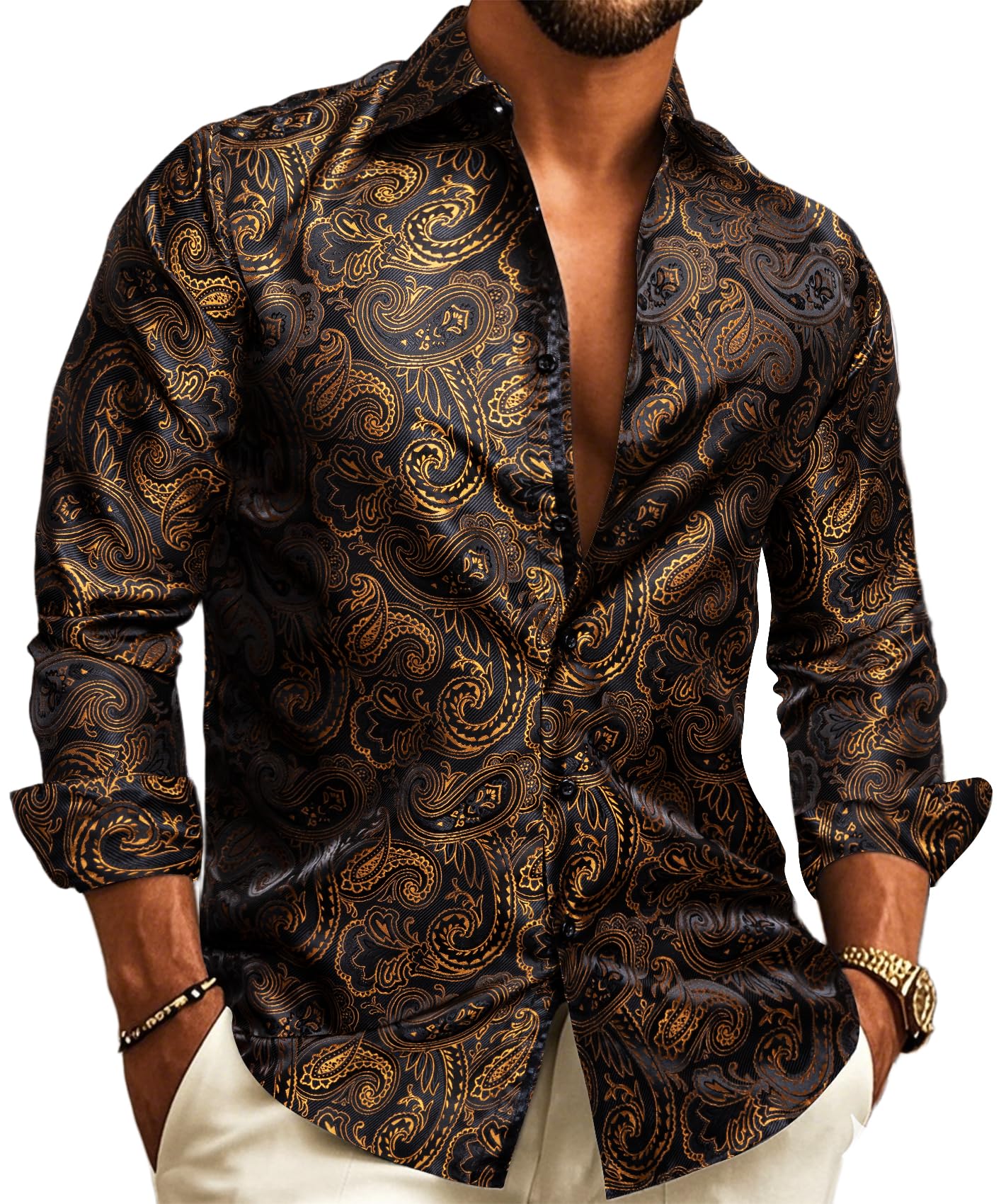 Dress Shirts Paisley Silk Long Sleeve Button Big and Tall  Down Shirt Fashion Leisure Wedding Party Prom