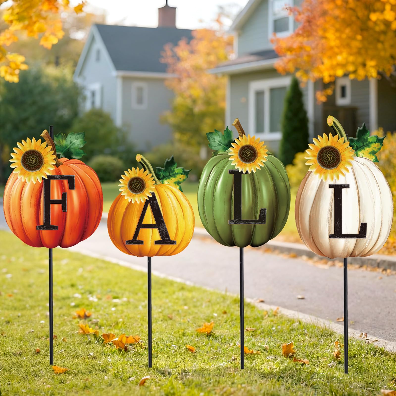 Panneau de bienvenue d'automne citrouille en lot de 4 piquets métal pour jardin et maison