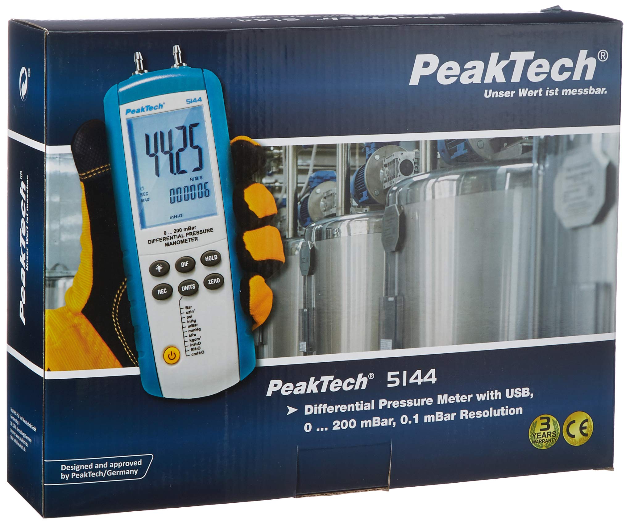 PeakTech P 5144 – Digitales Manometermit Messbereich bis max. 200 mBar, Differenzdruck-Messgerät mit USB-Port, Messung für Druckdifferenzen, LCD-Anzeige mit Beleuchtung, inkl. Windows-Software