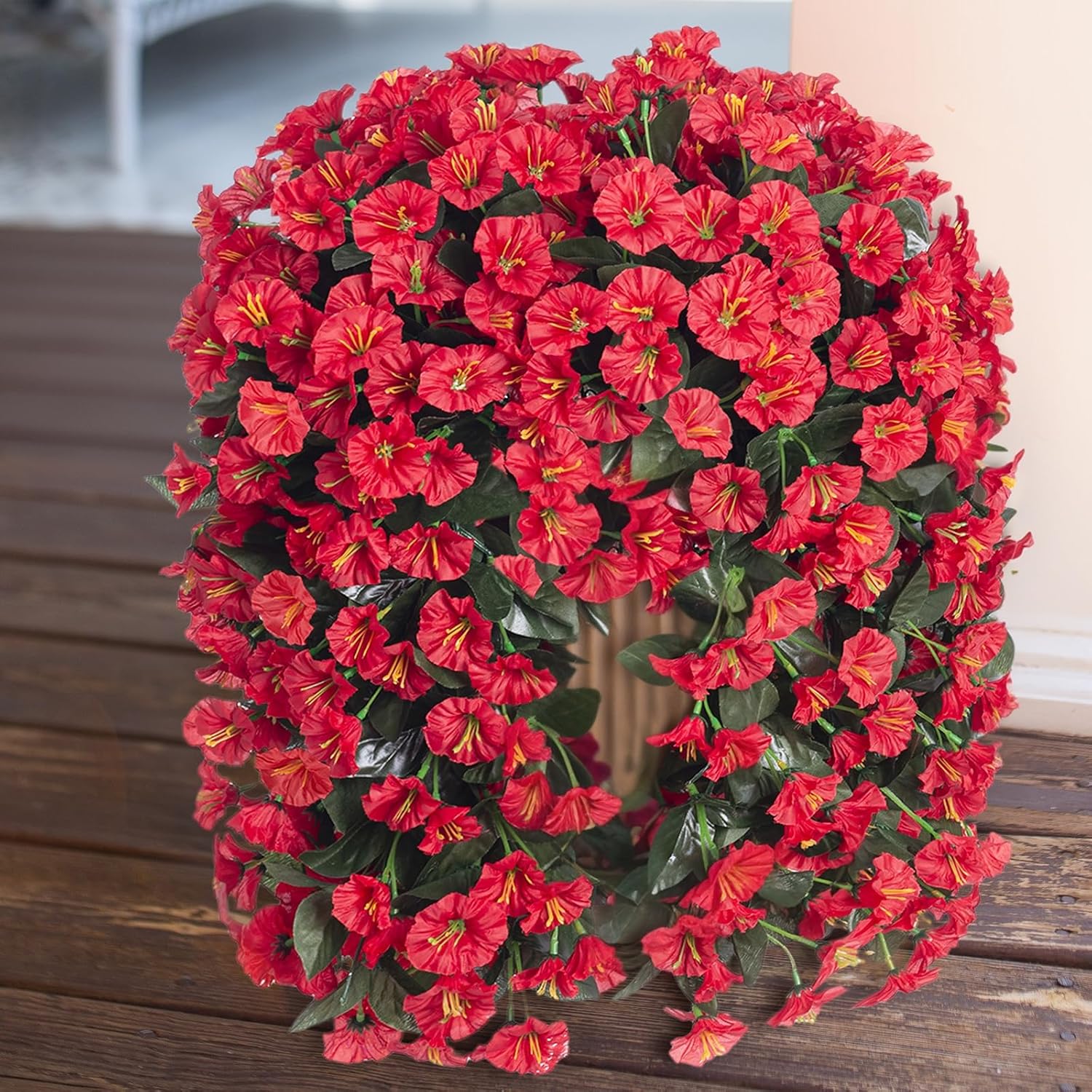 Artificial Fake Hanging Flowers Plants for Outdoor Outside Spring Summer Decoration, 2PCS Faux Silk Red Morning Glory UV Resistant Look Real Trailing Vines for Home Wedding Party Garden Patio Porch