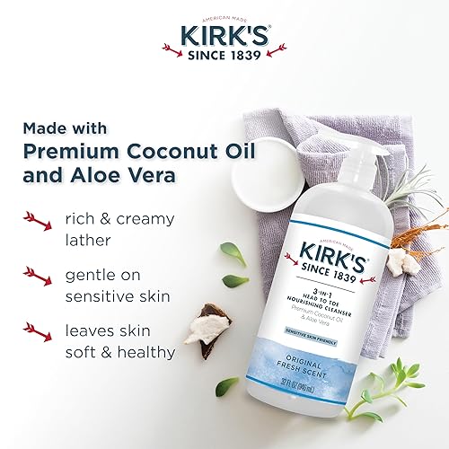 Miniatura 4 de Kirk's Limpiador líquido nutritivo 3 en 1 de pies a cabeza, para hombres, mujeres y niños, aceite de coco premium y aloe vera, sin OMG y vegano,