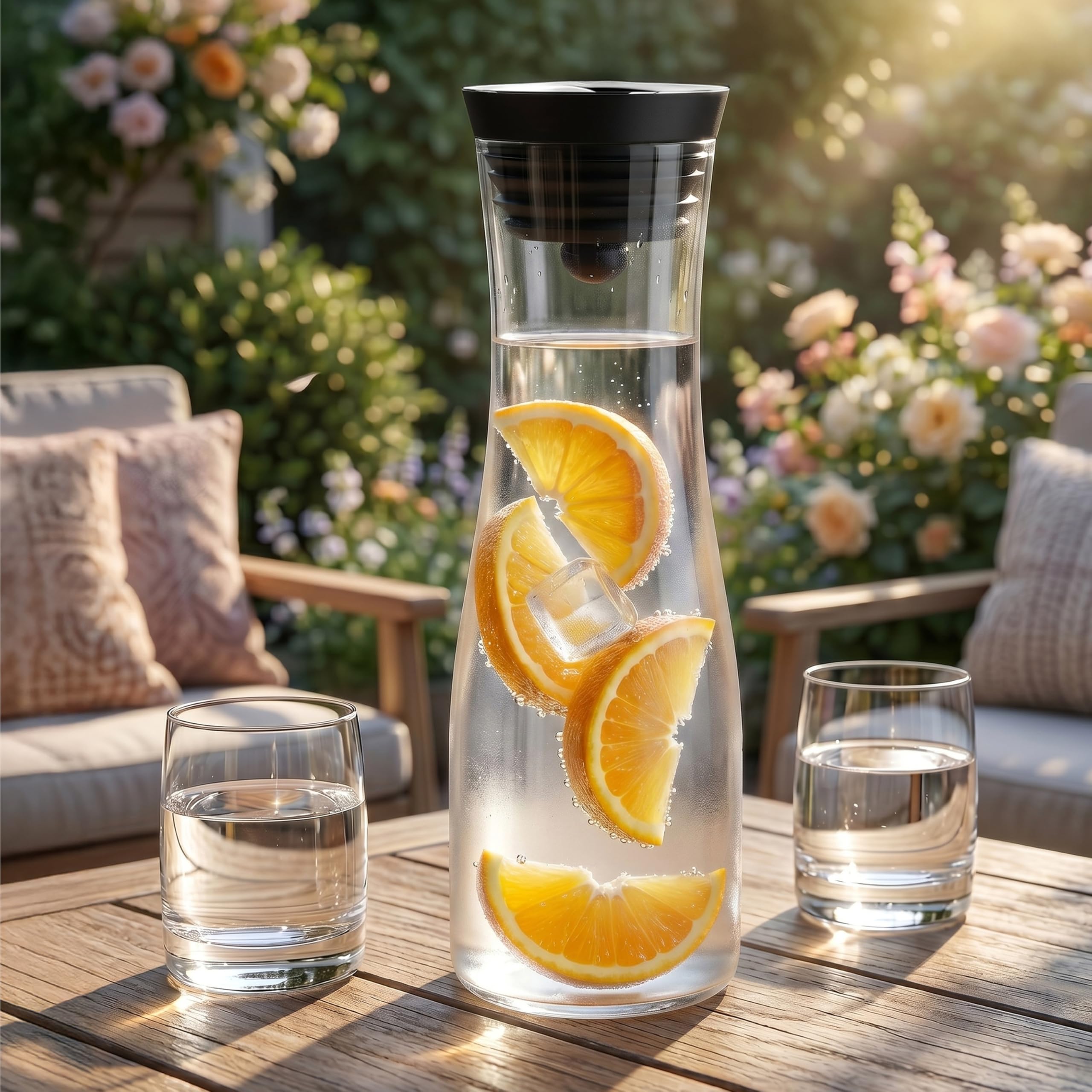 Arendo - Wasserkaraffe mit Deckel 1700 ml, Glaskaraffe mit Deckel und integriertem Grobfilter aus Edelstahl, Karaffe aus Borosilikatglas 1,7 L, Temperaturbereich –20 °C bis +150 °C