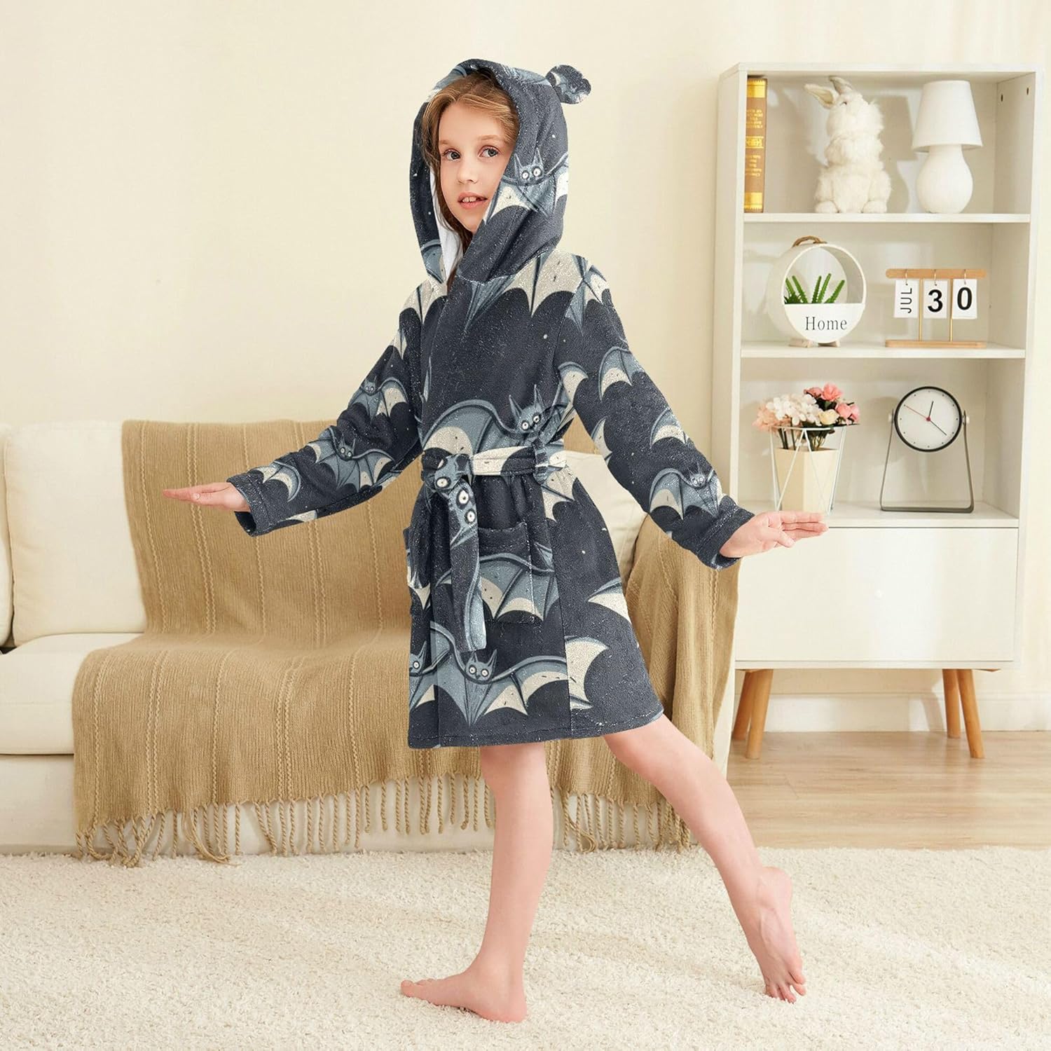 Halloween Cute Bats Bathrobe Hooded PJ Robe Soft Fleece Robe Pajama Sleepwears 2-12 Years