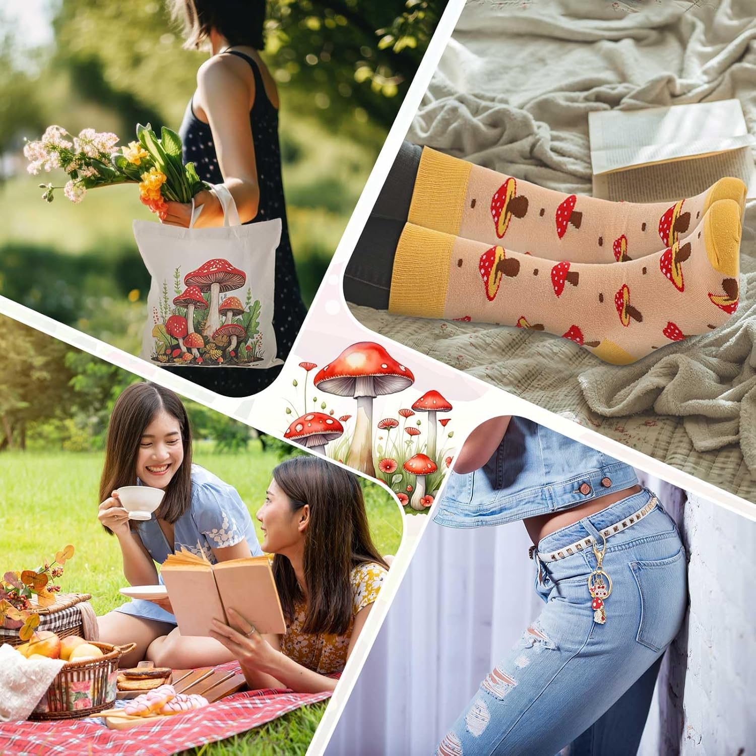 Paterr 4 Pcs Mushroom Gifts for Women Mushroom Lover Gift for Mother's Day Birthday Decorations, with Canvas Tote Bag 16oz Glass Coffee Cup with Straw Socks Cute Keychain - Image 6