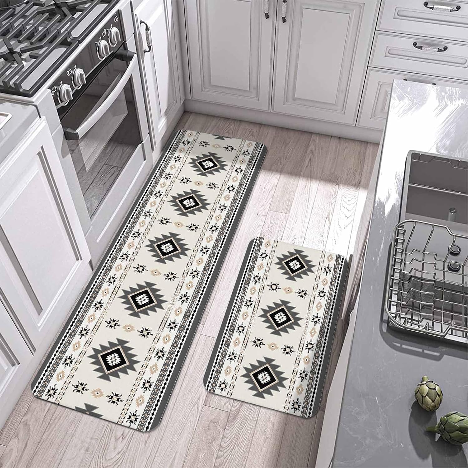 Prime Leader Aztec Kitchen Mat Set 2 Pieces Gray Southwest Wind Bohemian Ethnic Wind Non Slip Kitchen Rugs Washable Runner Rug Mats for Sink Laundry (19.7" x 31.5"+19.7" x 63")