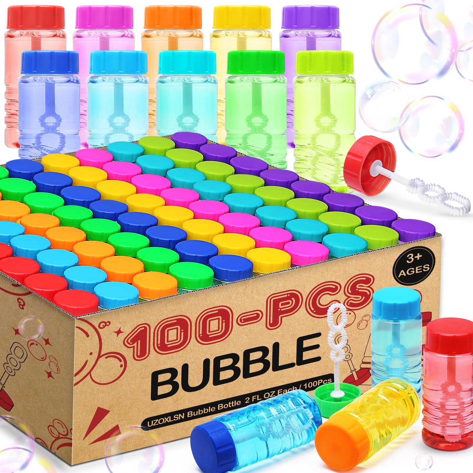 100 Pack 10 Neon Colors Bubble Bottles with Wand Attached to the Cap, Summer Bubble Solution Bulk Toy, Birthday Decor Gift Box, Party Favor Supplies for Kid, Carnival, Goody Bag Stuffer, Pinata Filler