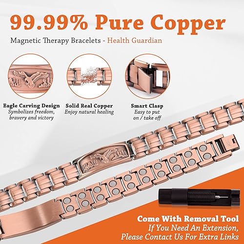 Vista 3 de Feraco Copper Bracelet for Men-Magnetic Bracelets 99.99% Pure Copper Jewelry Gift with Adjustable Sizing Tool, Magnetic Field Therapy Jewelry with