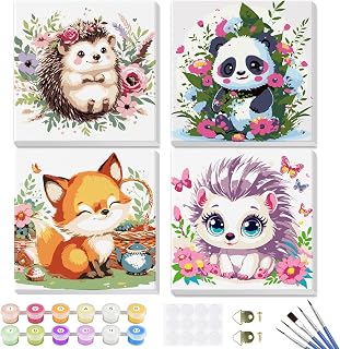 4 Pack Paint by Numbers Kits for Kids with Wooden Frame-Cartoon Animal Painting by Numbers for Kids Adults Beginners, Easy Paint by Numbers Kit Crafts for Kid Paint by Number for Wall Decor(8X8inch)