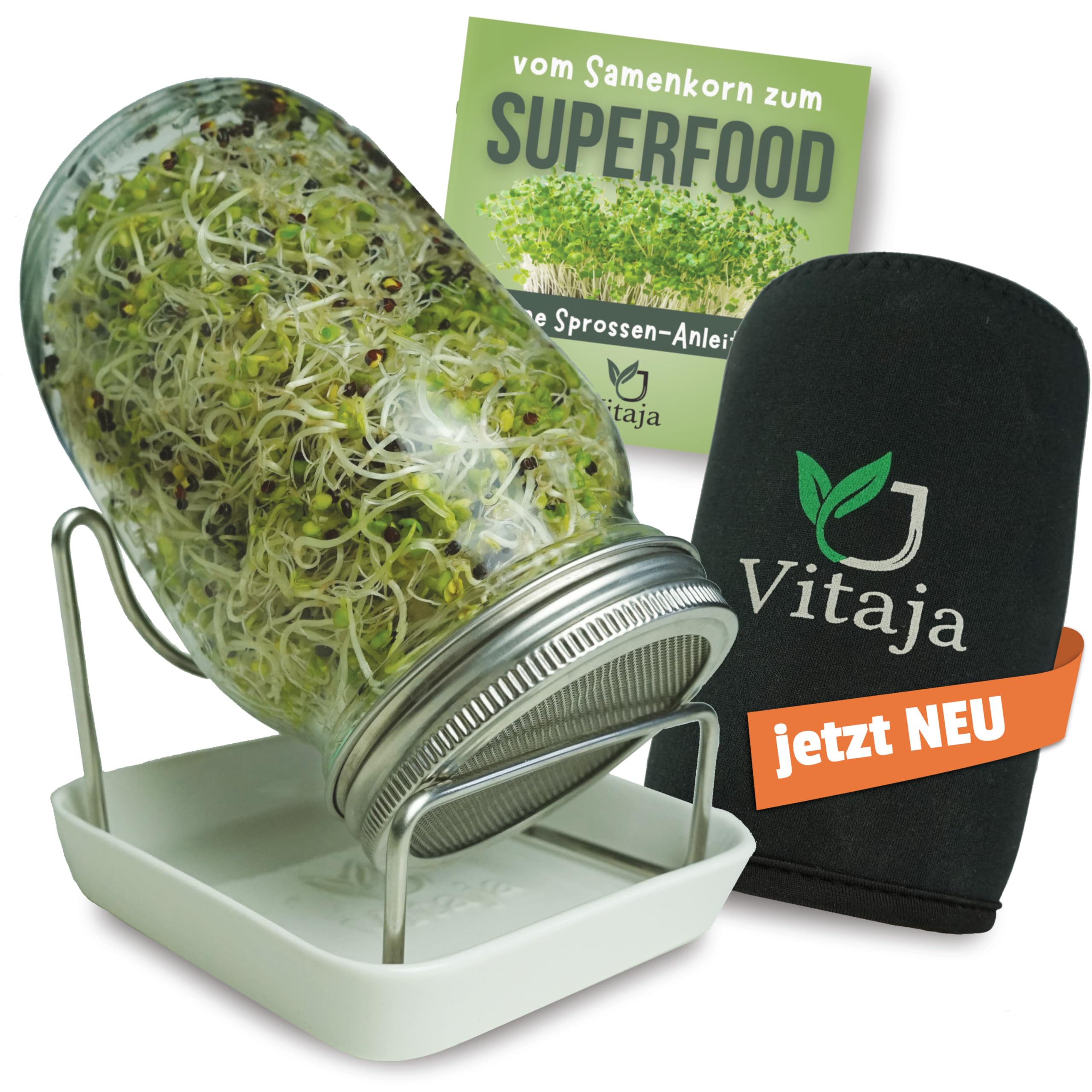 Vitaja Sprossenglas Keimglas Set mit Keramikschale - Set für Sprossen Anzucht - (inkl. Abdunklungshülle) - Keimgläser für Sprossenzucht - Anzuchtset für die Fensterbank (1er Set)