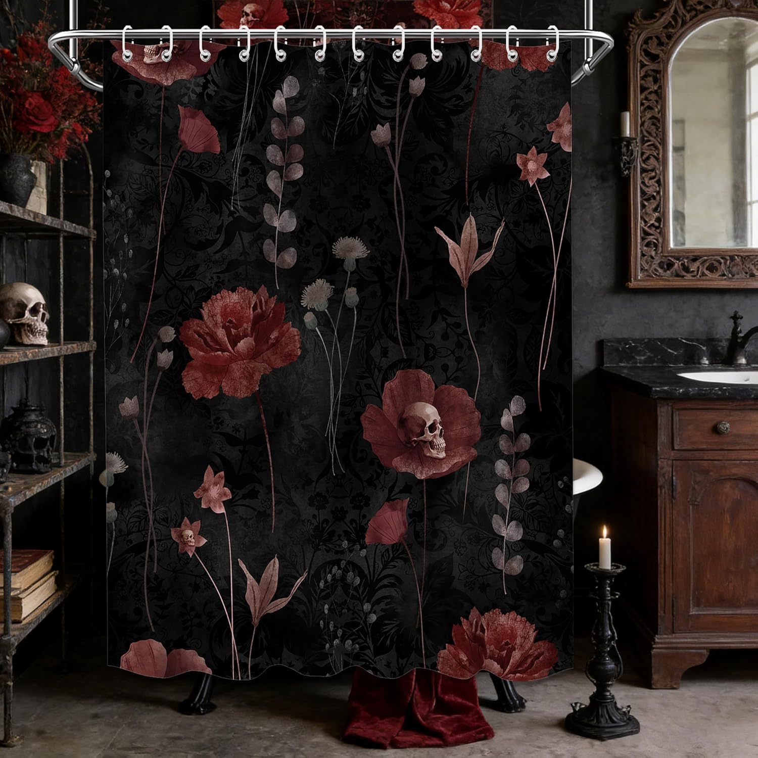 Black and Dark Red Floral Shower Curtain Maroon Burgundy Gothic Watercolor Flower Shower Curtains for Bathroom Decor Set, Waterproof Cloth Fabric with Hooks, 70" W X 96" L
