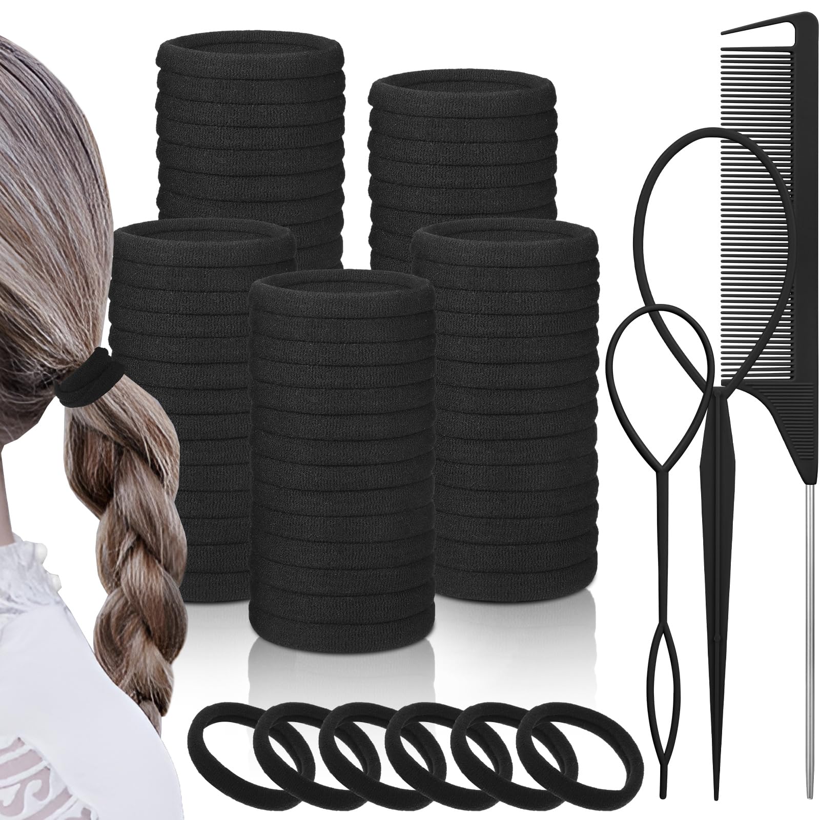 100 Stück Haargummis Mädchen,4.3cm Große Schwarz Seamless Weich Elastisch Haargummis Damen with Stielkamm für Mädchen,Damen Haar(Schwarz)