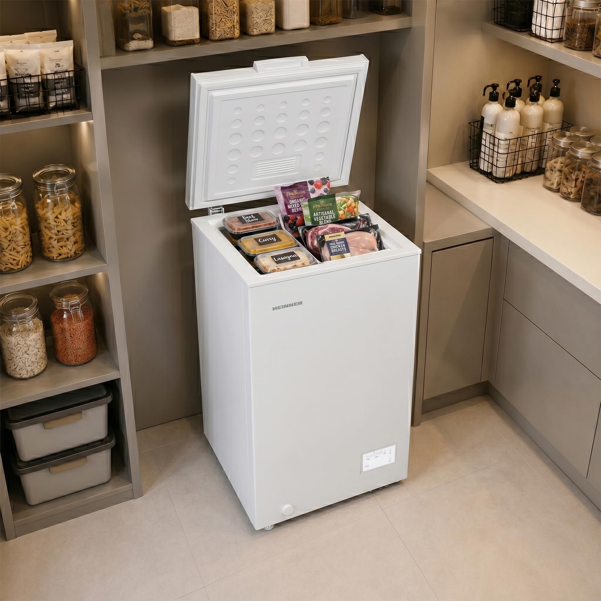 HCF-HM100CE++ Tisch Gefrierschrank 100 L, leiser Betrieb, Energieklasse E, flexible linke/rechte Tür, Weiß, energiesparend, kompakt – Inklusive 5‑Jahres‑Garantie