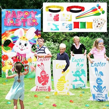 23 Packs Easter Outdoor Party Games for Kids Potato Sack Race Jumping Bags with Legged Race Bands, Egg and Spoon Race,Toss Game and Stickers, Outdoor Games for Easter Eggs Hunt,Easter Party Supplies