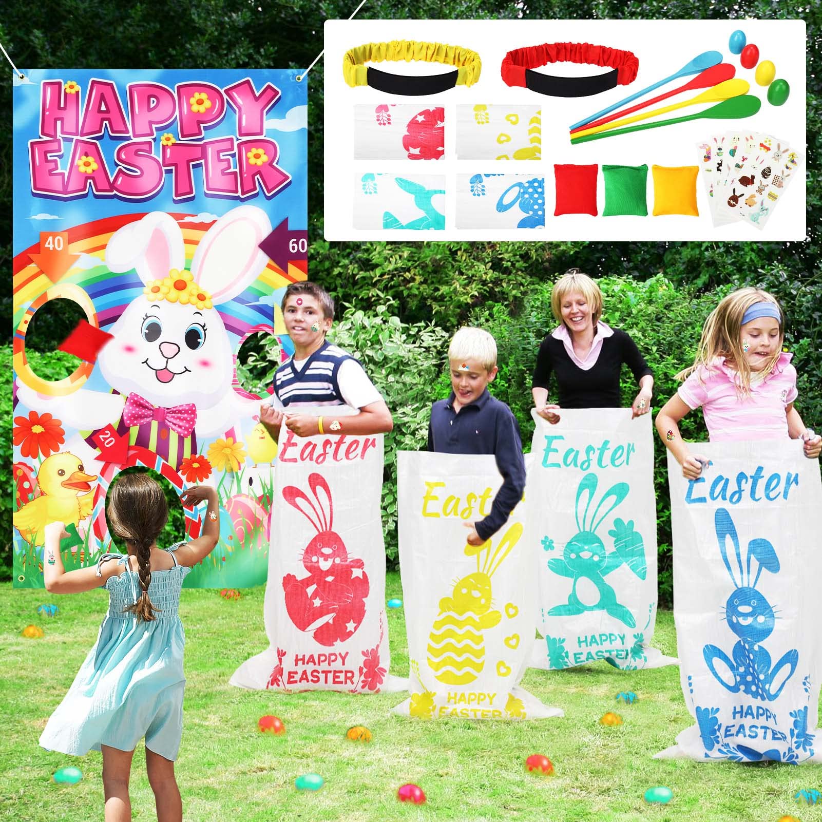 View 1 of 23 Packs Easter Outdoor Party Games for Kids Potato Sack Race Jumping Bags with Legged Race Bands, Egg and Spoon Race?Toss Game and Stickers, Outdoor Games for Easter Eggs Hunt,Easter Party Supplies