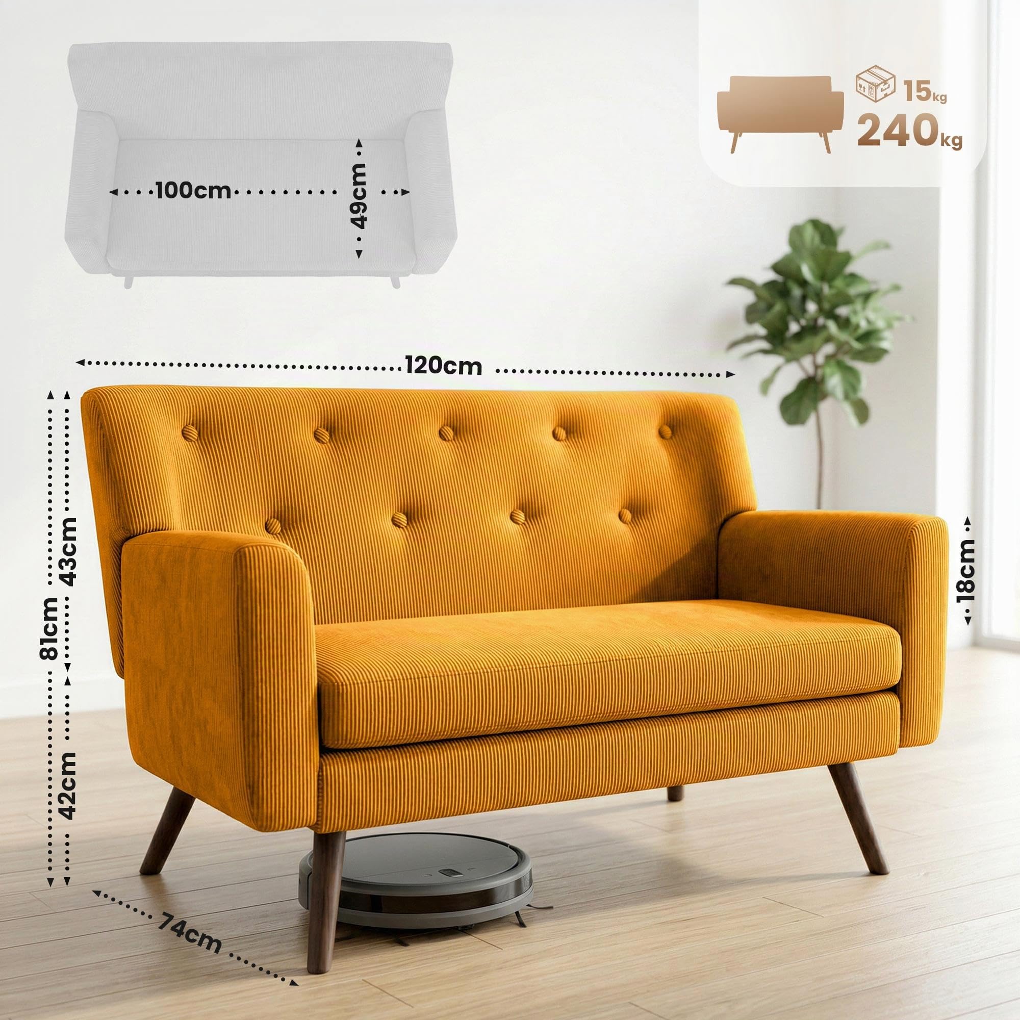 CLP Sofa 2-Sitzer mit Cordbezug Kioni, Couch bequem für Wohnzimmer, komfortabel gepolstert, bis 240 kg belastbar, Beine aus Kautschukholz, Farbe:orange