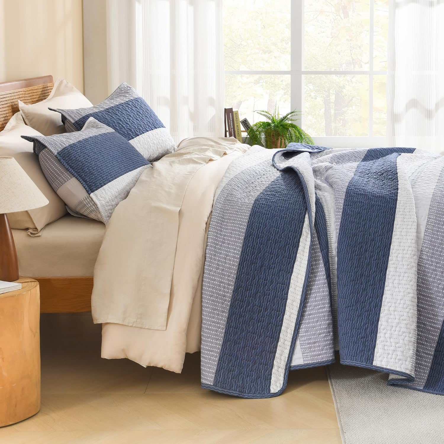 Litanika Quilt King Size Mineral Blue, Stripe Patchwork Summer Bedspread Coverlet 3 Pieces, Soft Lightweight Microfiber Quilted Bedding Set for All Season(1 Quilt, 2 Pillowcases) - Image 2