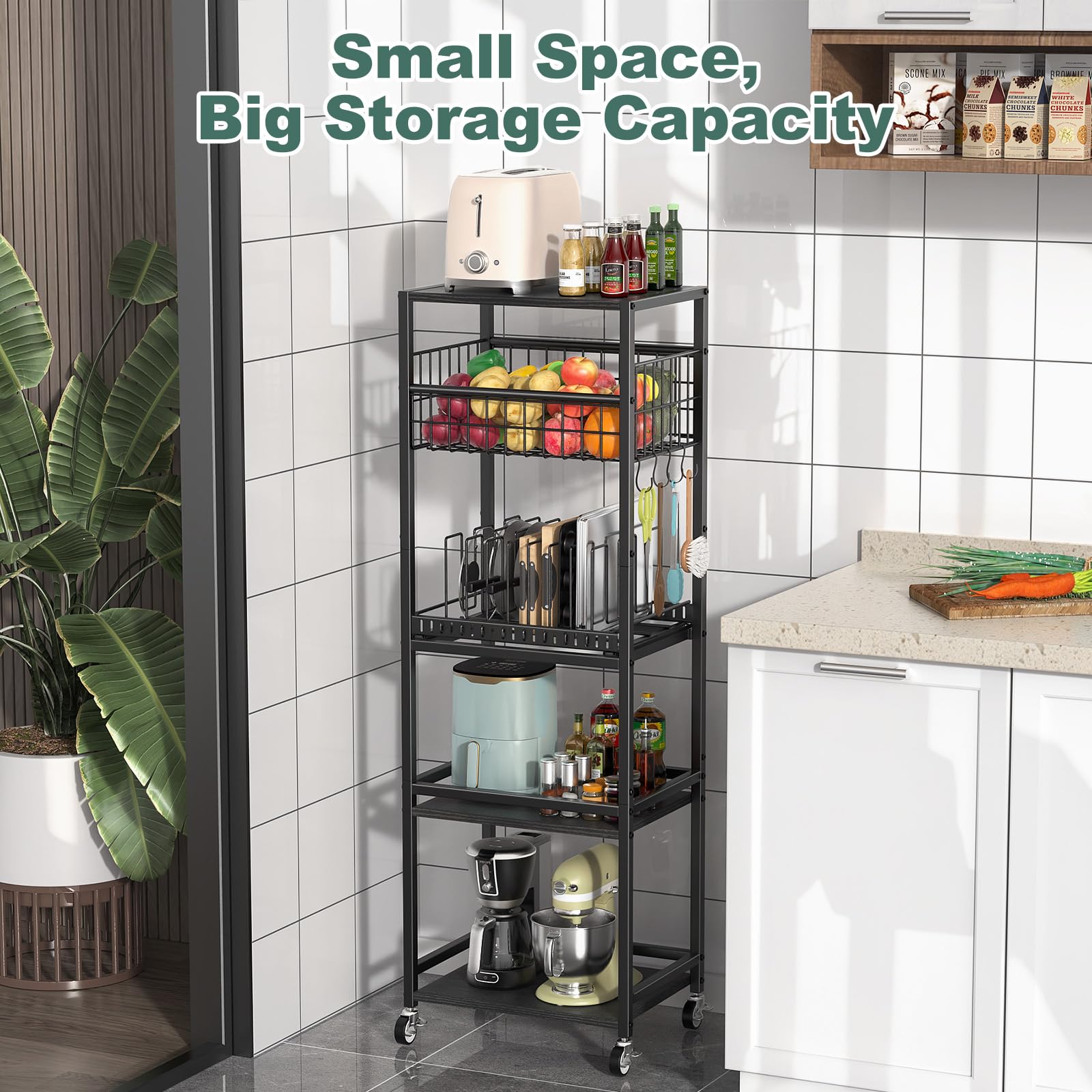 Housolution Carrello da Cucina a 5 Ripiani, Carrello Portaoggetti con Cestino in Metallo e Organizer per Tagliere e Coperchi Estraibili, Scaffale con Ripiano in Legno per Cucina, Dispensa, Bagno