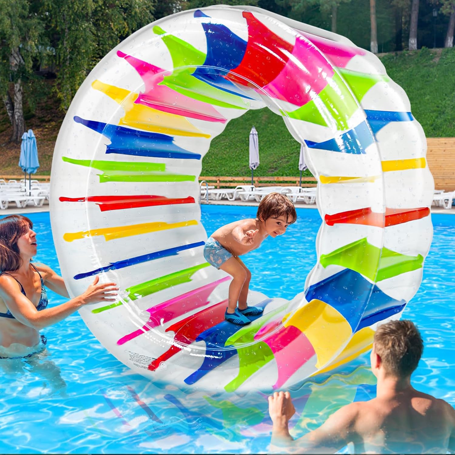 iGeeKid 65" Giant Inflatable Pool Toys Wheel Roller for Kids-Pool Floats Pool Games for Kids Age 6-8,8-12 Years Girls Boys Summer Party,Beach,Swimming Pool,Lake,Lawns Fun Water Rolling Wheel Toys