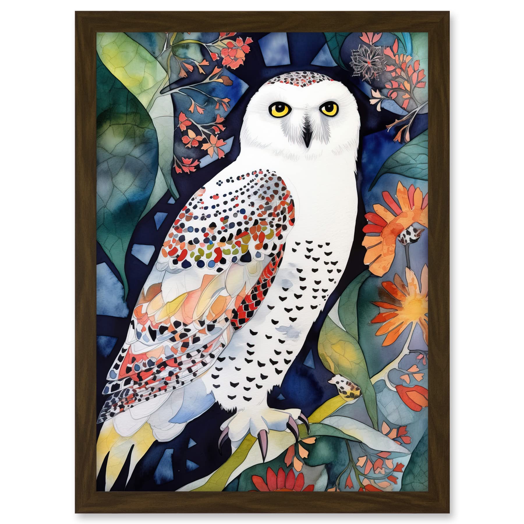 Artery8 Snowy Owl On Blooming Tree Folk Art Artwork Framed A3 Wall Art Print