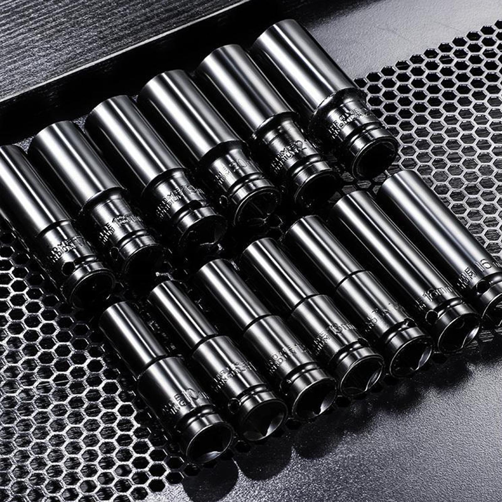 Set bussole lunghe completo Adattatore, Estrattore E Prolunga | Set bussole standard completo 26 Pezzi Metrico 6 Punti 10-24 mm Attacco 1/2 Acciaio Legato Finitura Fosfato Nero Per