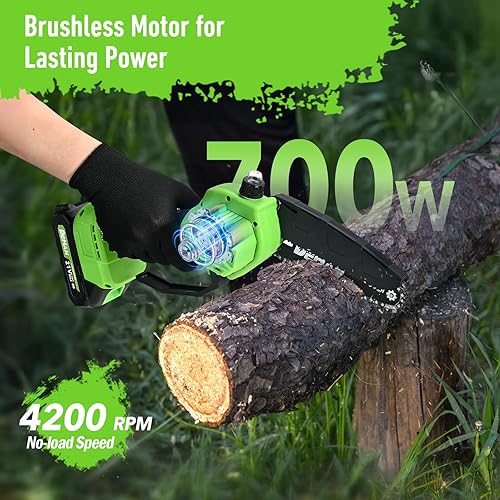 Miniatura 8 de DEHANTOOLS Motosierra Mini de 6 Pulgadas Inalámbrica, Sierra de Cadena Eléctrica Sin Escobillas con 2 Baterías de 2.0Ah y 3 Cadenas, Podadora de