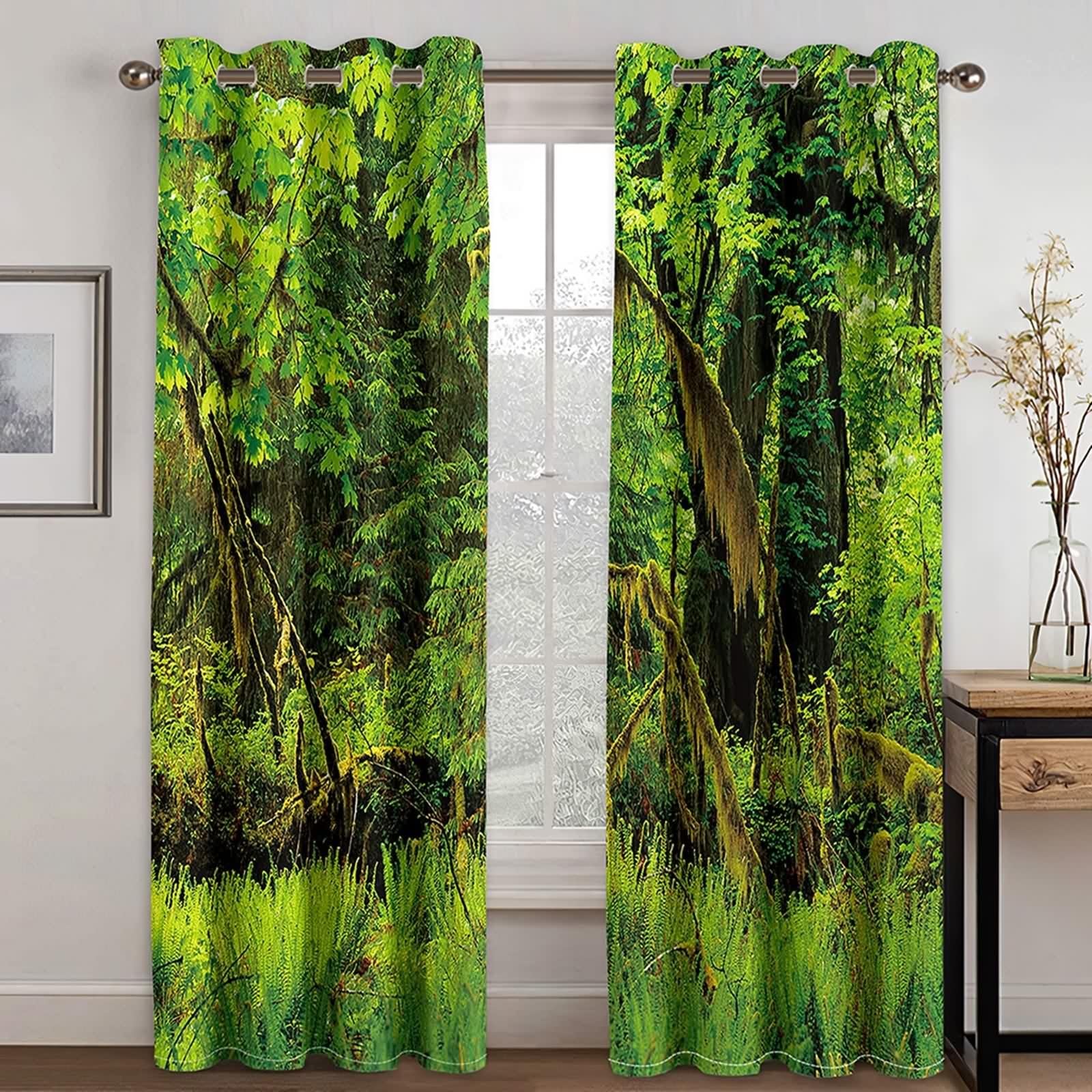Verdunklungsvorhänge Vintage, Vorhänge Grün Polyester Bäume Landschaft Gardinen 2er Set B 152 x H 183 cm