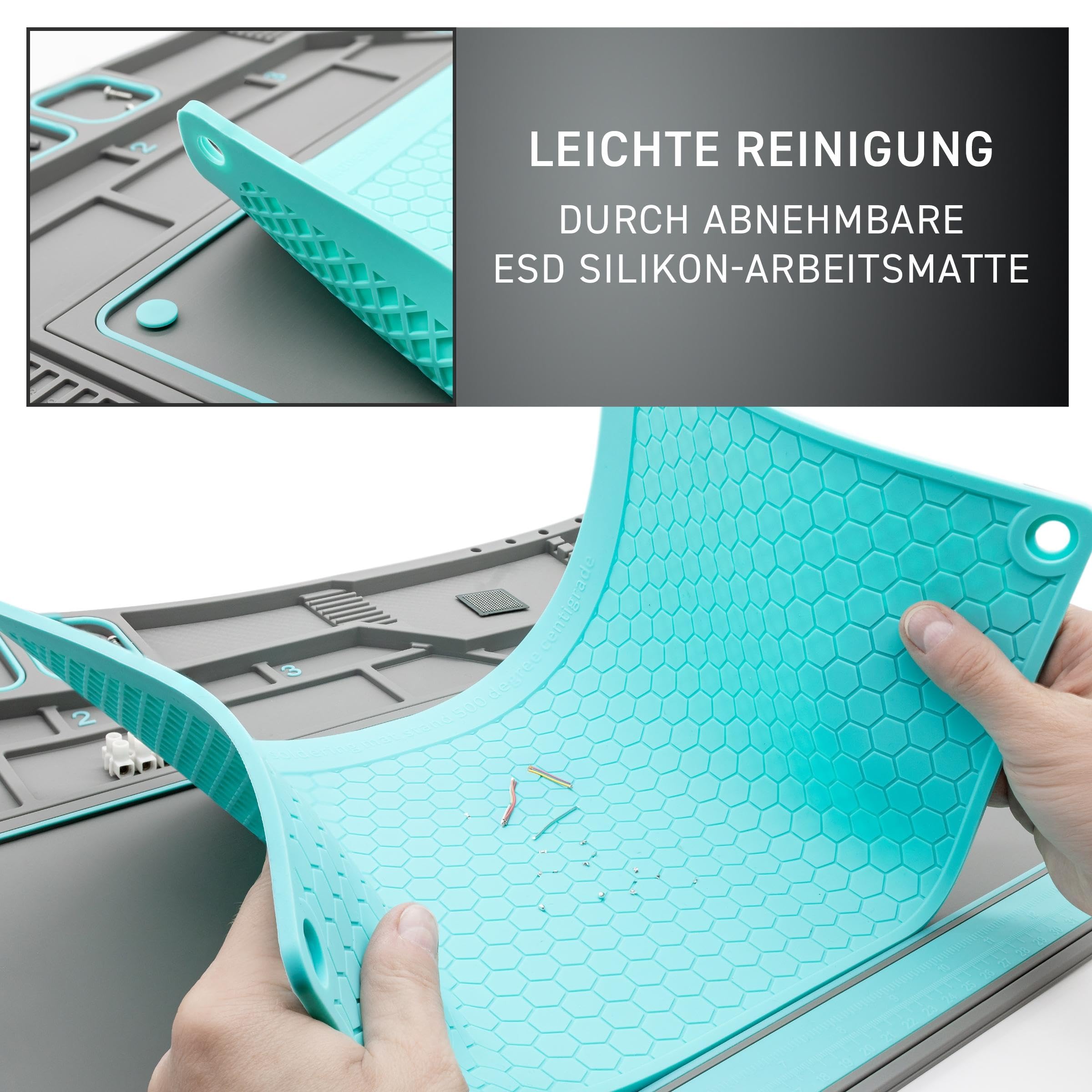 ESD-Arbeitsunterlage und Lötmatte Größe L 57 x 38 cm, Soft-PVC/Gummi mit abnehmbarer Silikoneinlage bis 500°C, Bauteil- und Werkzeugorganizer, 3 magnetische Bereiche