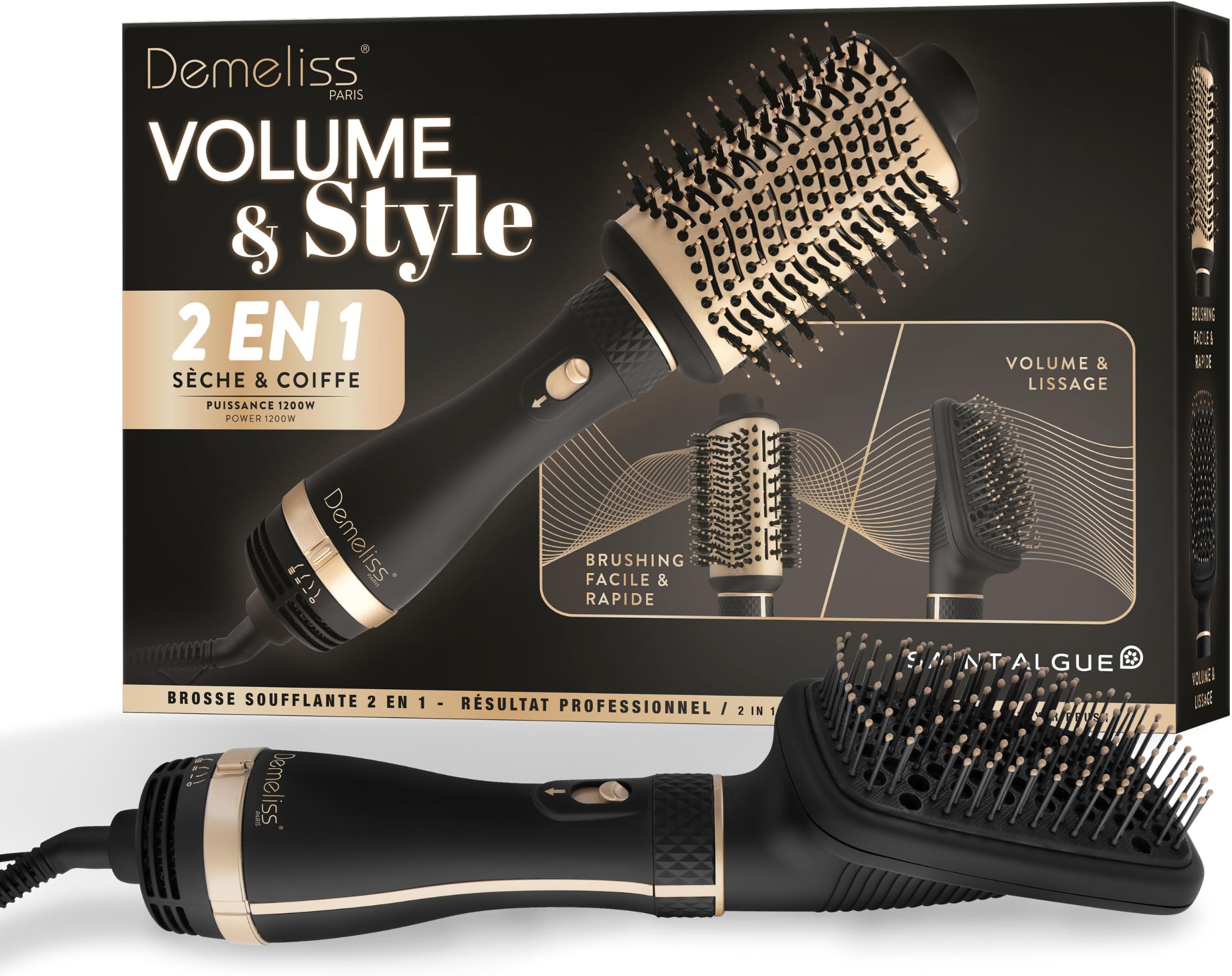 SAINT ALGUE - 2 in 1 Heating Brush VOLUME & STYLE - Dry & Style, for All Hair Types - 2 Replaceable Heads - Ceramic & Tourmaline Coating - 3 Temperatures